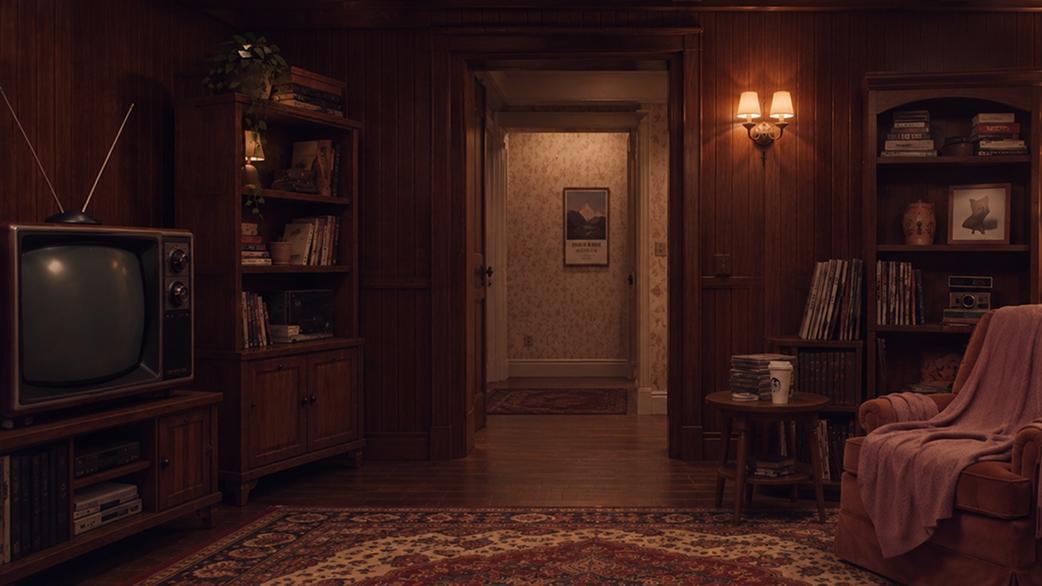 An AI-generated 1970s wood-panelled living room scene.