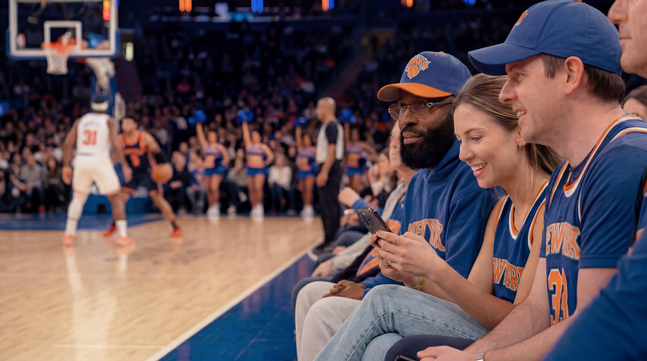 Fans in team jerseys sit courtside at a basketball game, one looking at a phone.