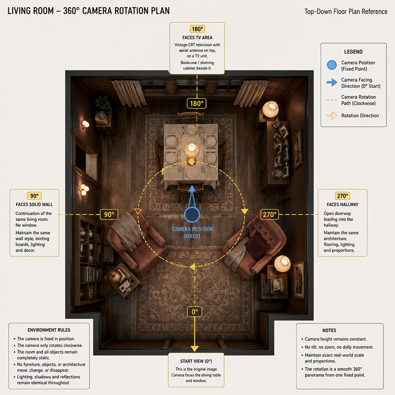 A top-down 360-degree camera rotation plan for the living room scene, with camera positions, facing directions and shot rules.