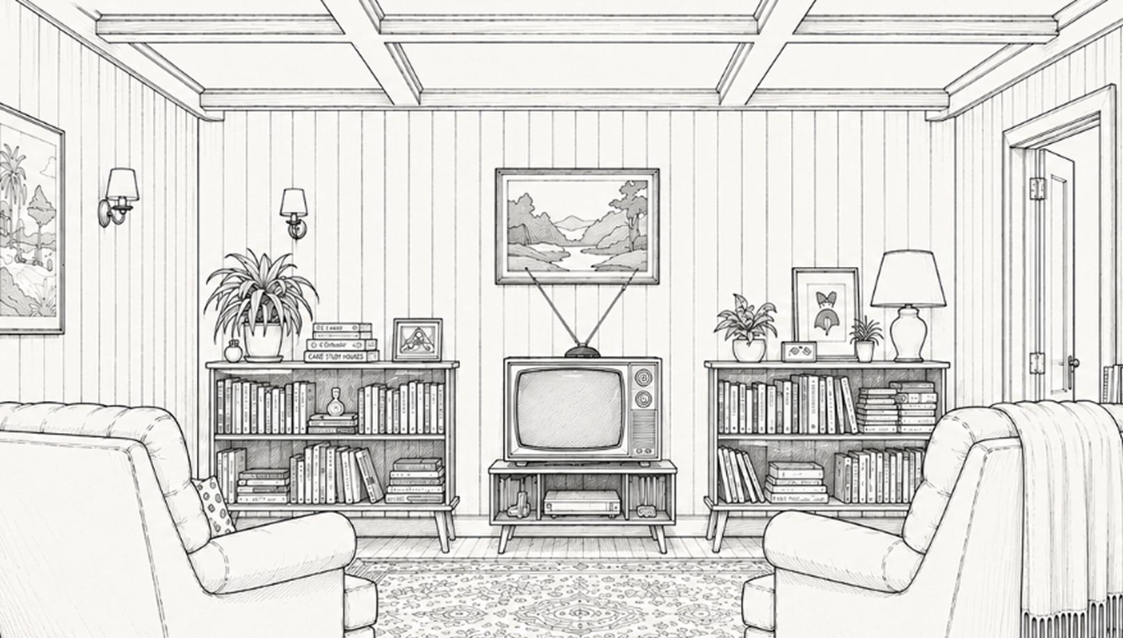 Storyboard scene layout showing a 1970s living room from four angles.