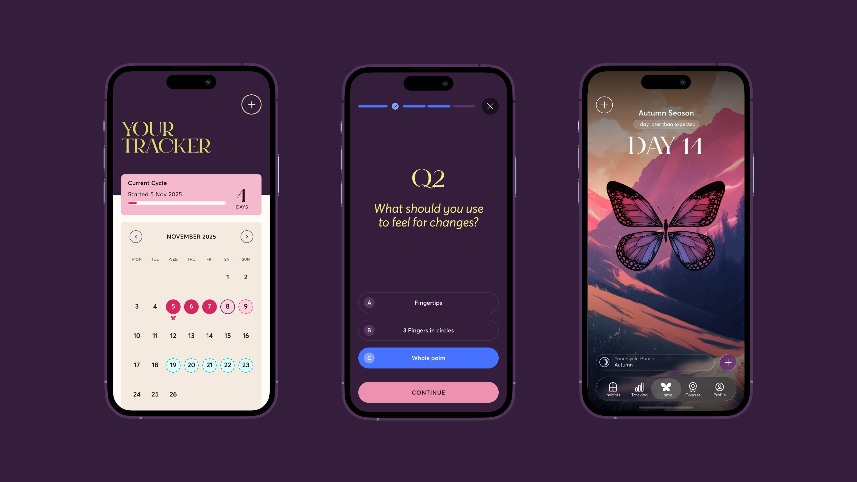 Three iPhones on a purple background showing the 28X tracker calendar, a body-sensation questionnaire, and an 'Autumn Season, Day 14' home screen with a pink butterfly.