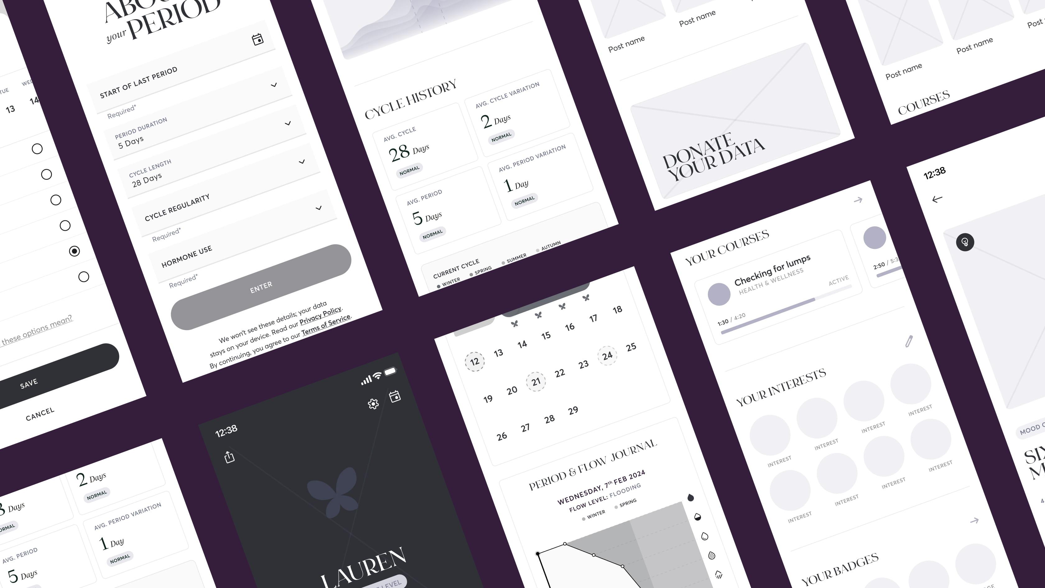 Tilted grid of 28X app wireframes showing setup forms, cycle history, journal entries, and a 'Donate your data' screen.