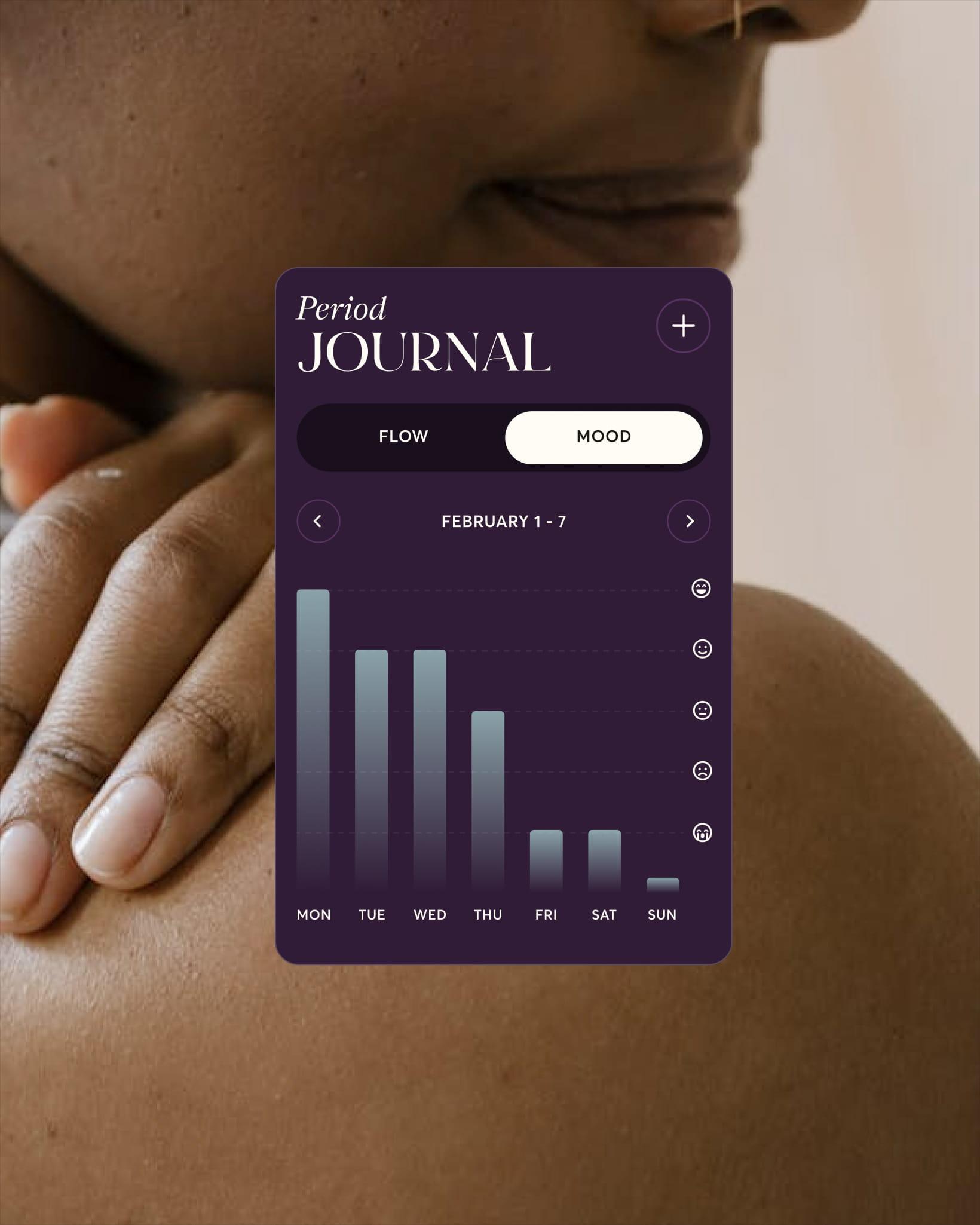 Close-up of a woman's neck and shoulder with the 28X 'Period Journal' mood tracker overlaid, showing a weekly bar chart of moods.