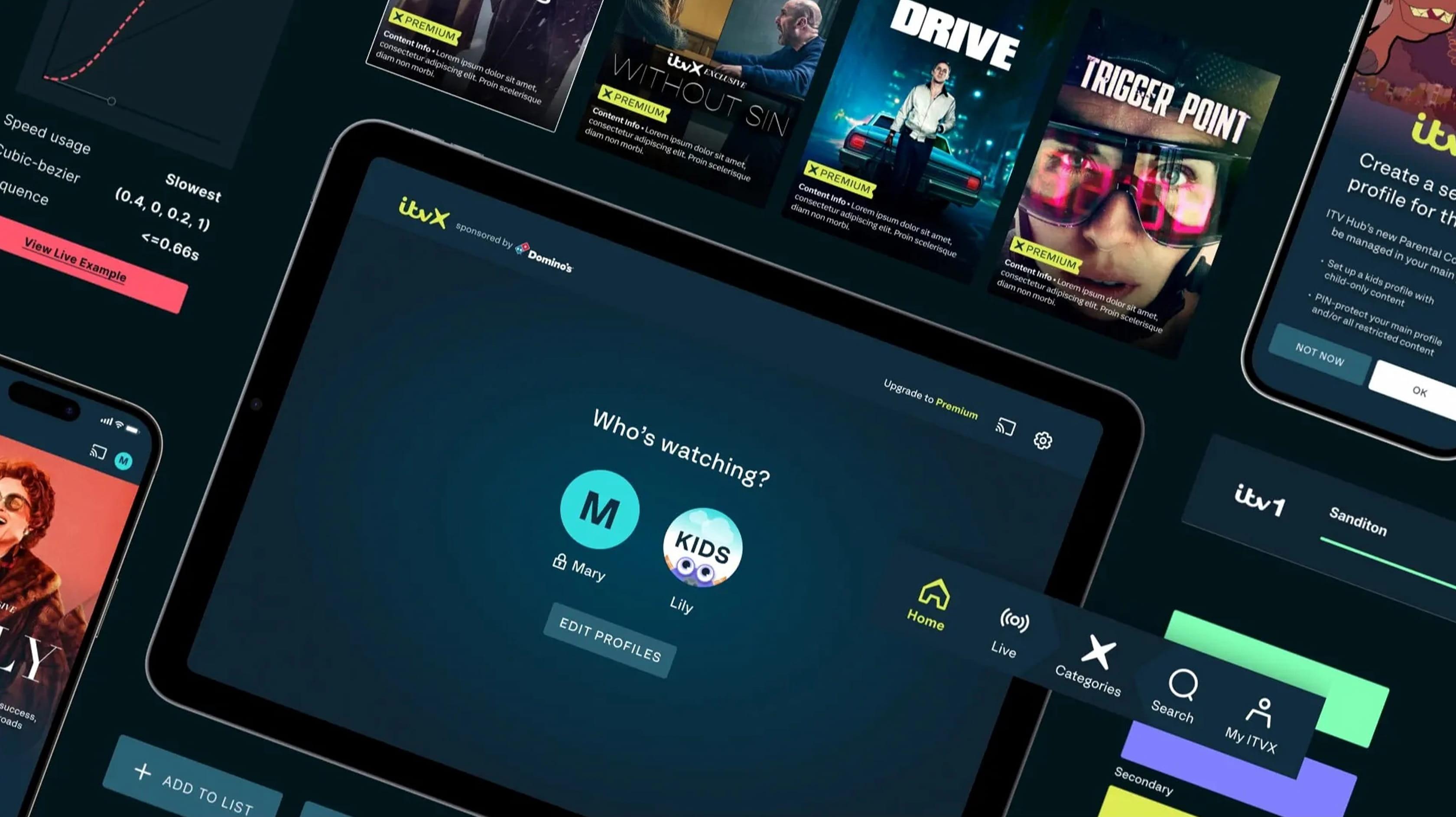 A collage-style view of the ITVX interface across multiple devices, including a tablet showing the 'Who's watching? profile selection screen and surrounding thumbnails of various shows and app navigation elements.