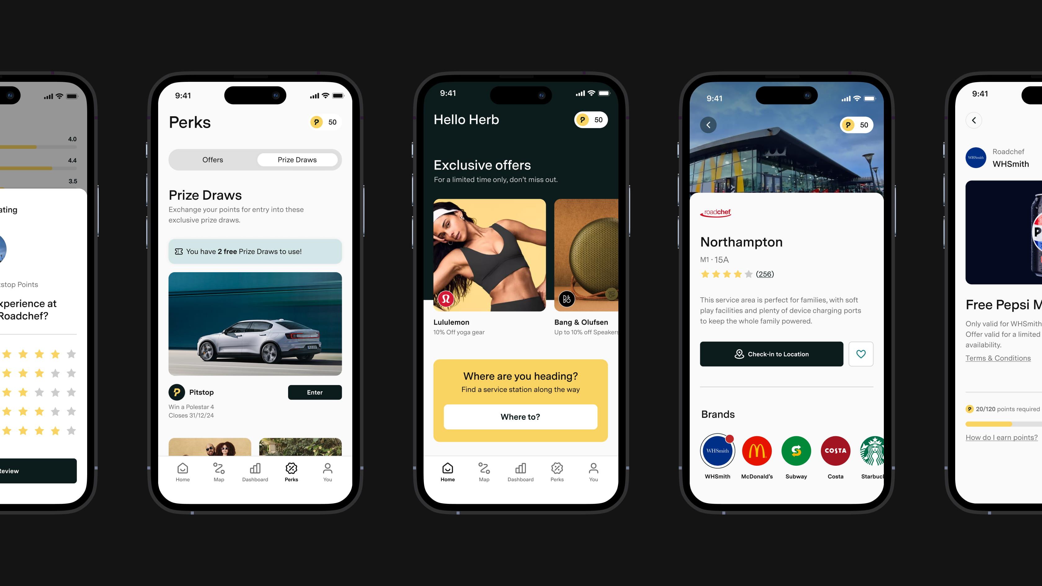 Four smartphone screens side-by-side displaying different sections of the Pitstop app, including perks, dashboard, offers and service station details.