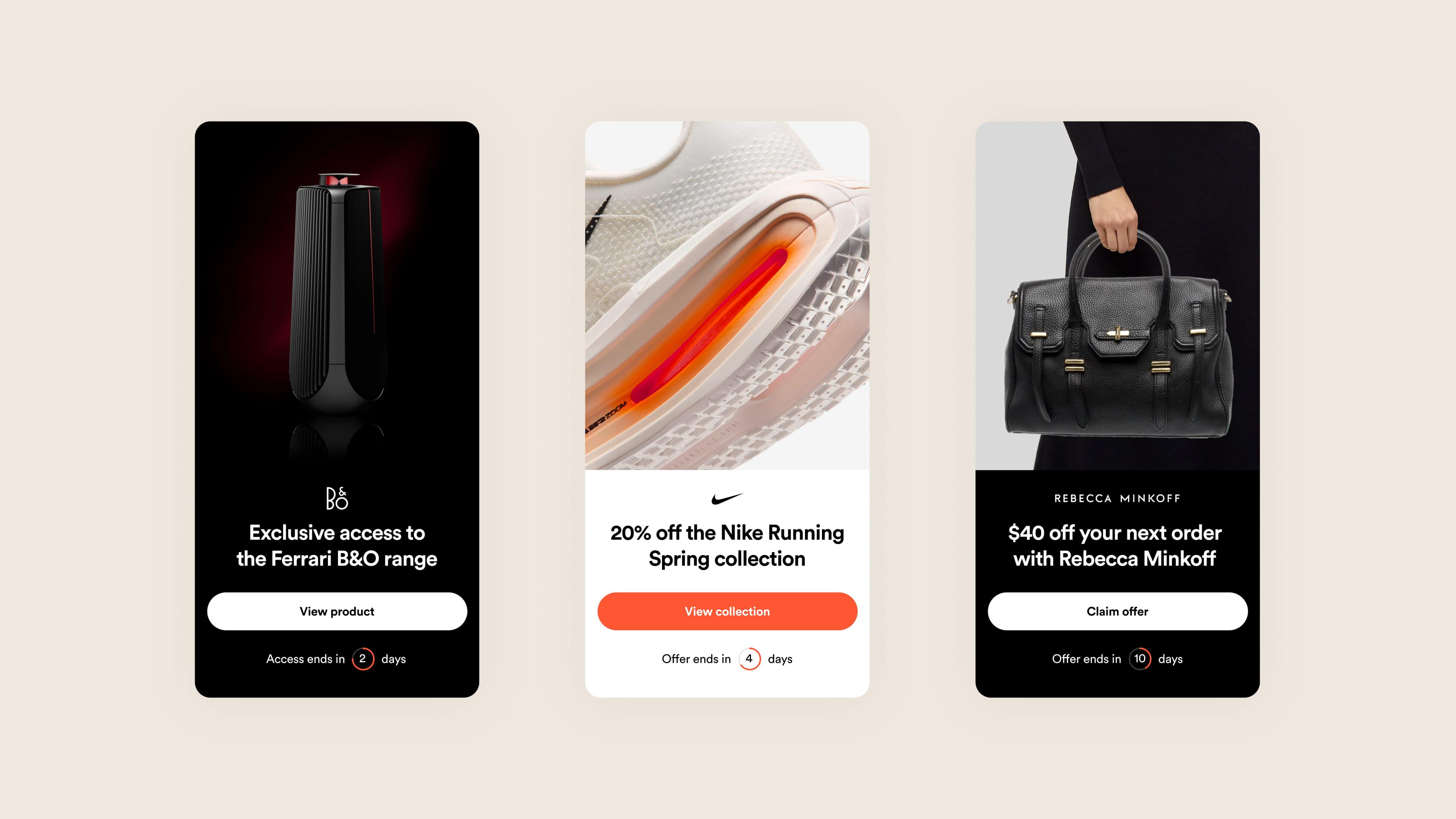 A set of three promotional product cards: a black Ferrari B&O speaker, a close-up of a Nike running shoe, and a black Rebecca Minkoff handbag, each showing discount or exclusive access offers.