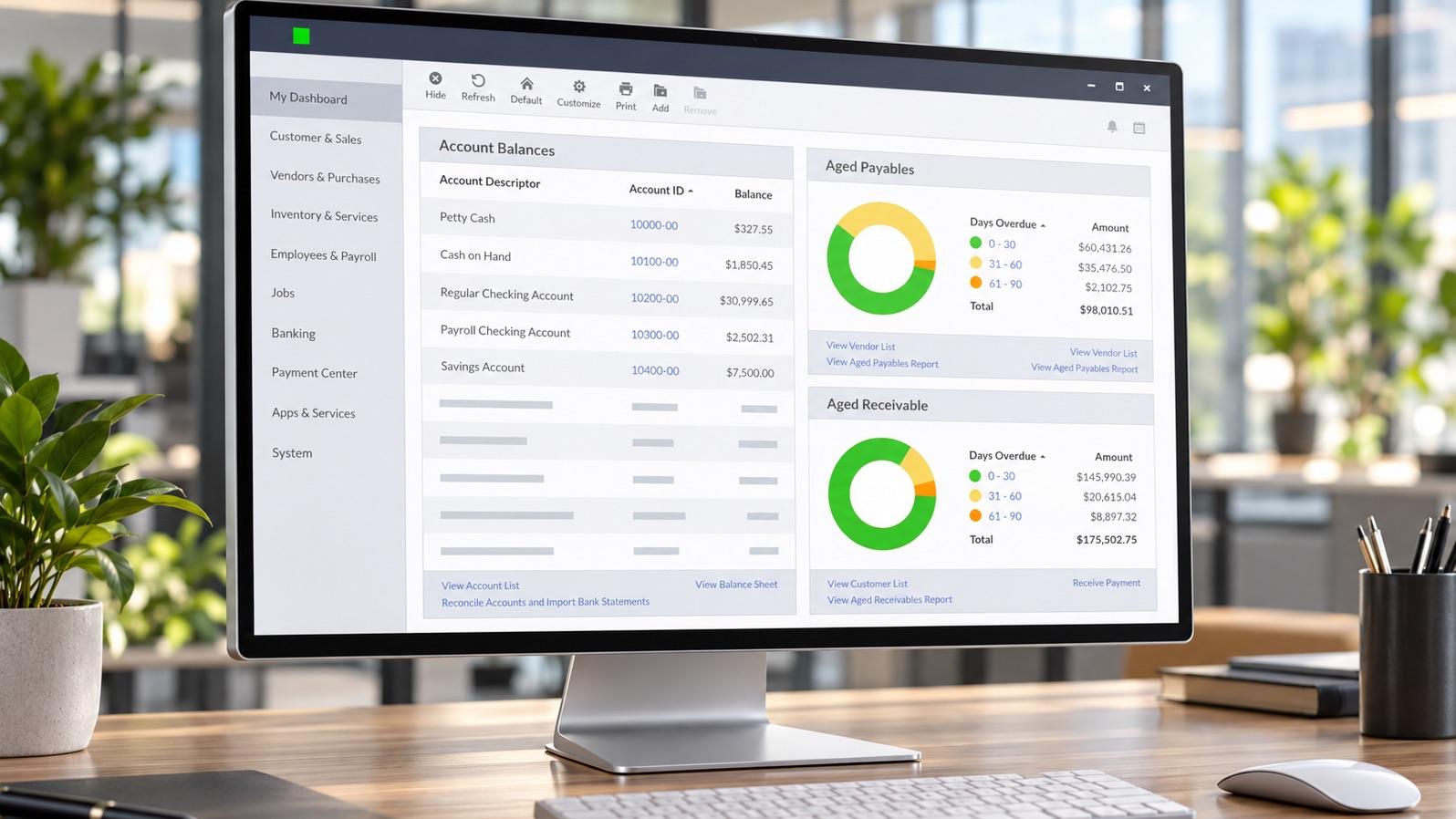 A desktop monitor on a sunny office desk showing the Sage dashboard, with account balances alongside aged payables and receivables charts.