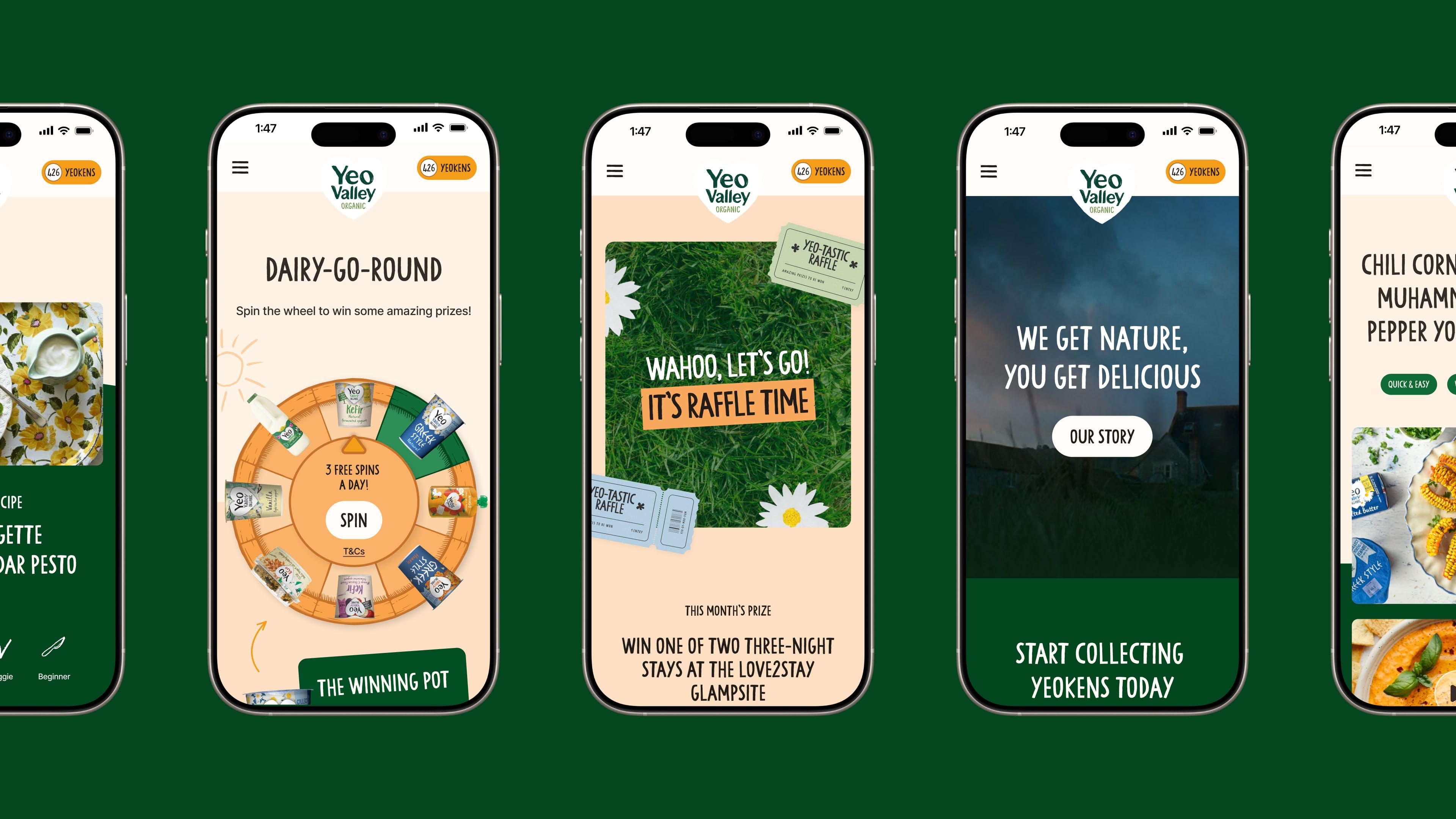 A collection of various screens from the Yeo Valley website interface on mobile