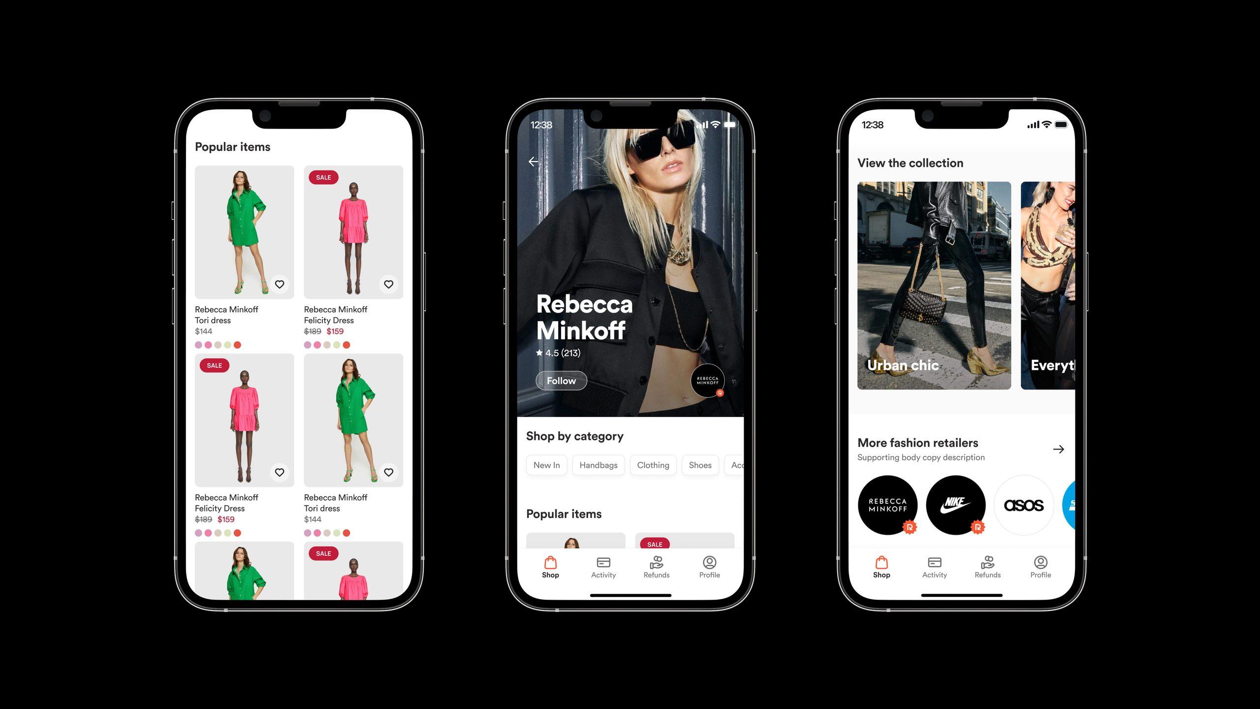 Three smartphones displaying a fashion retail shopping app with product listings and brand collections.