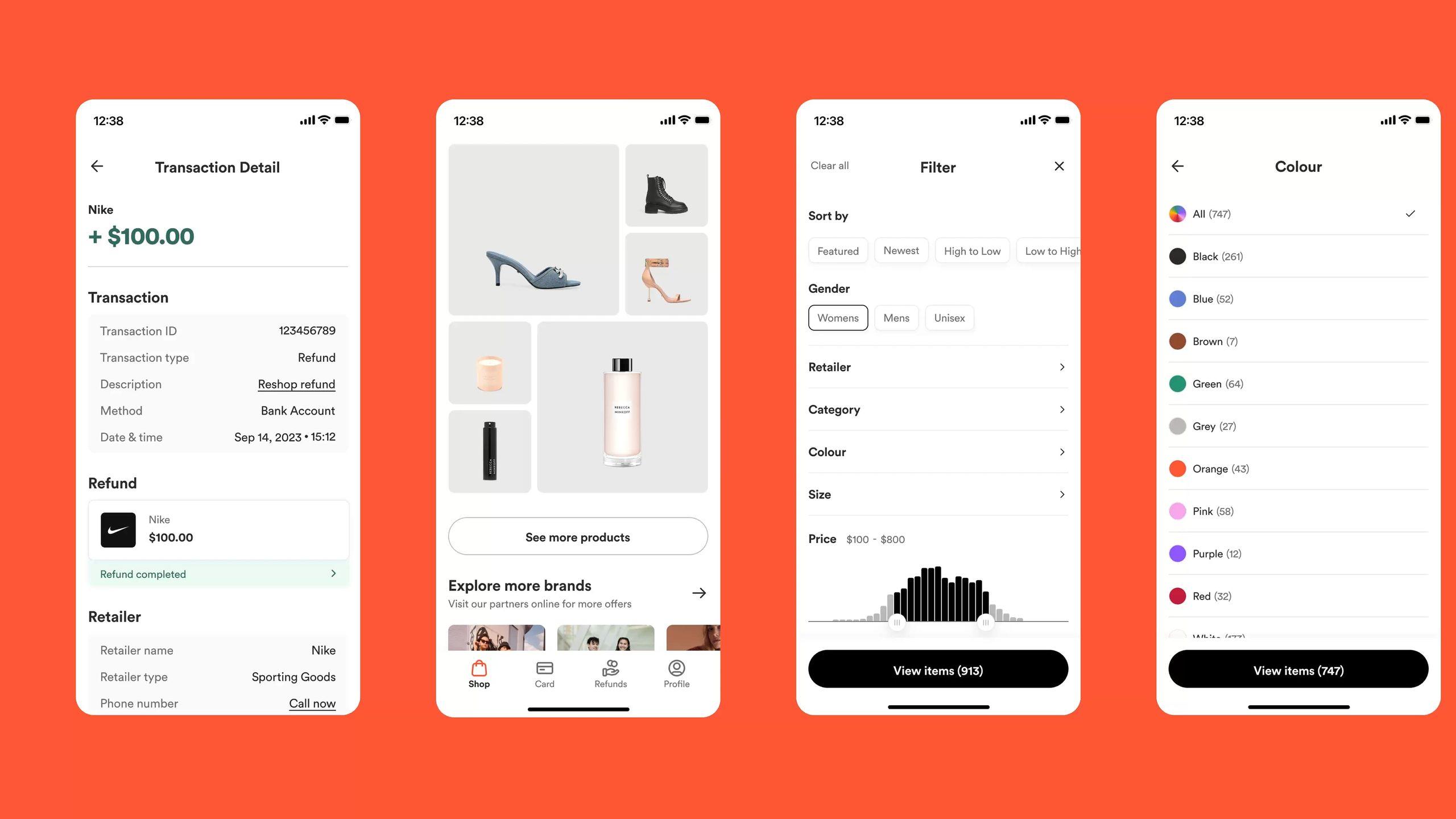 Four smartphones displaying a retail shopping and refunds app with transactions, products and filters.