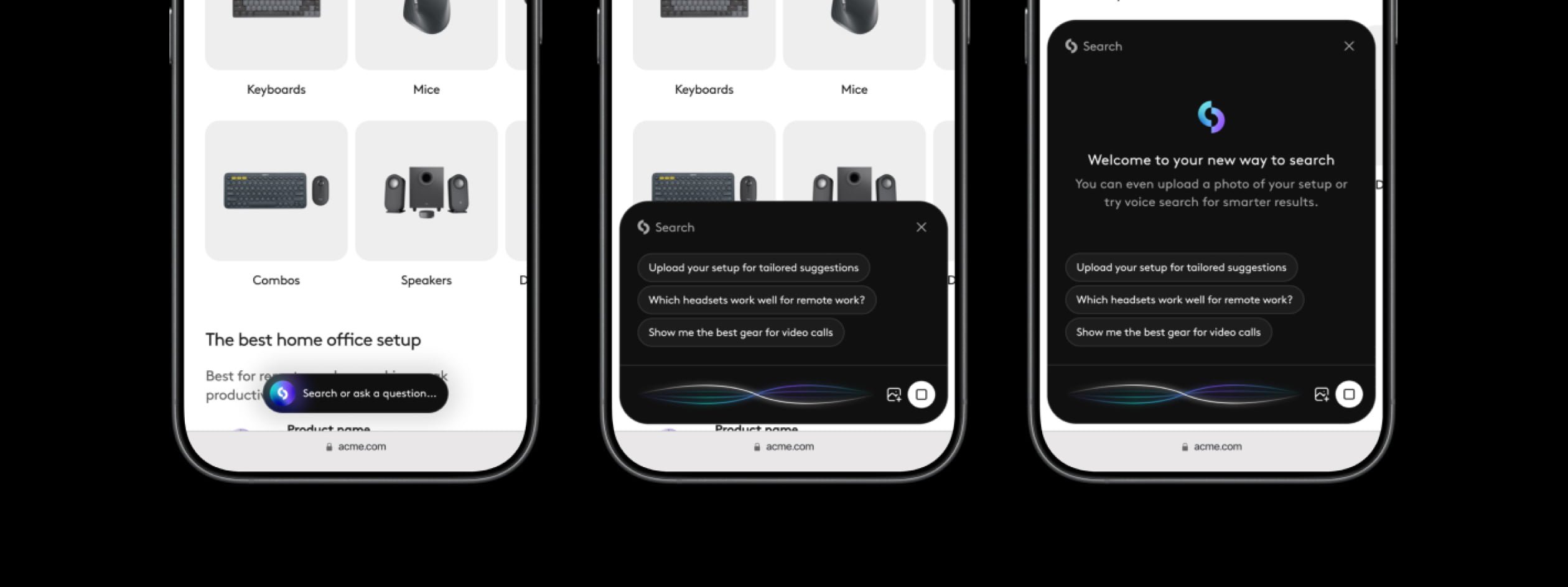 A series of screens displayed on mobile devices demonstrates an AI powered search interface