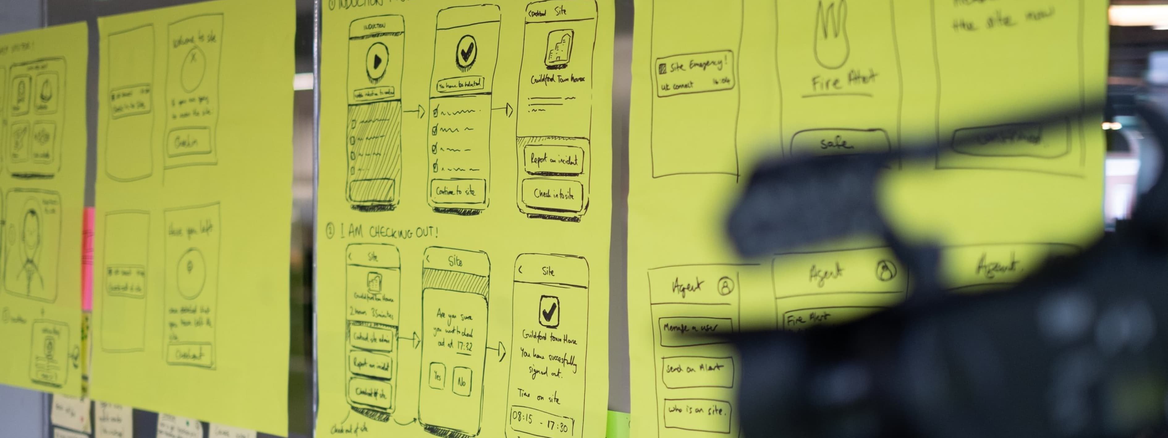 Wireframe sketches diplayed on a wall. A checkout journey flow is mapped out and shows where and how an agent facilitates a smooth and efficient user experience.