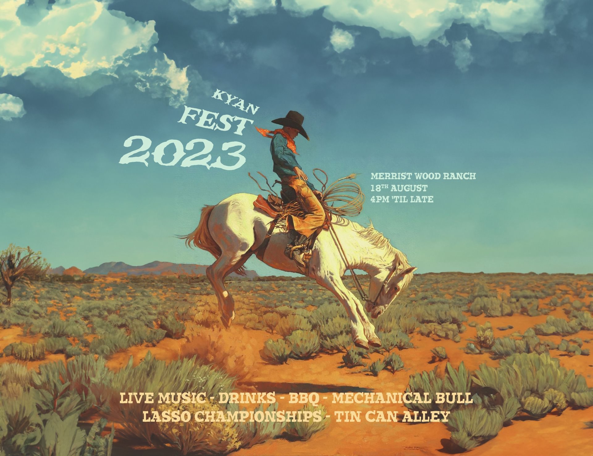 Illustrated poster of a cowboy riding a bucking white horse in a desert landscape, with event details for ‘Kyan Fest 2023’ overlaid on the sky.