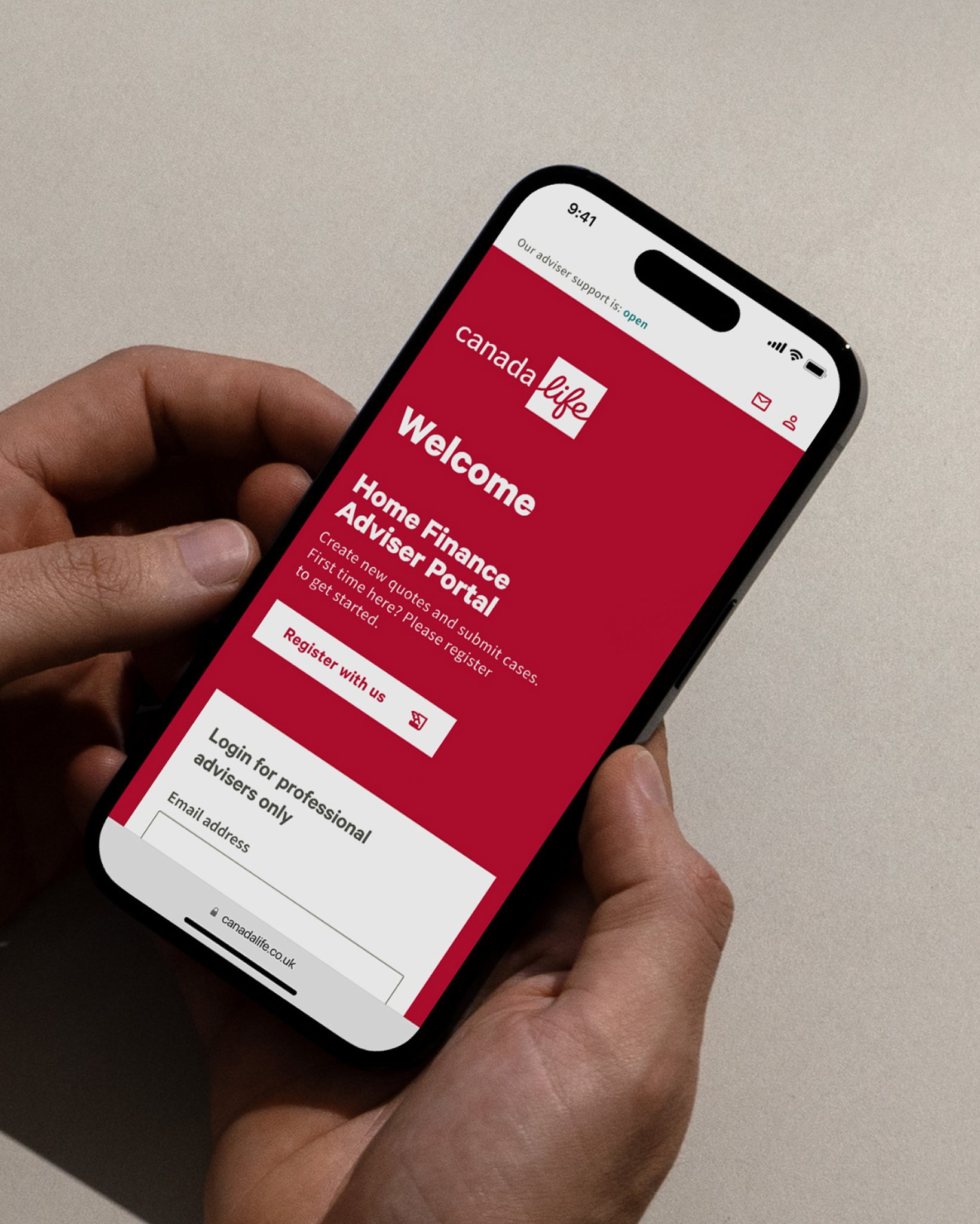 A desktop monitor displaying the Canada Life Adviser Hub dashboard, showing customer applications, search tools, and key metrics on a clean white interface.