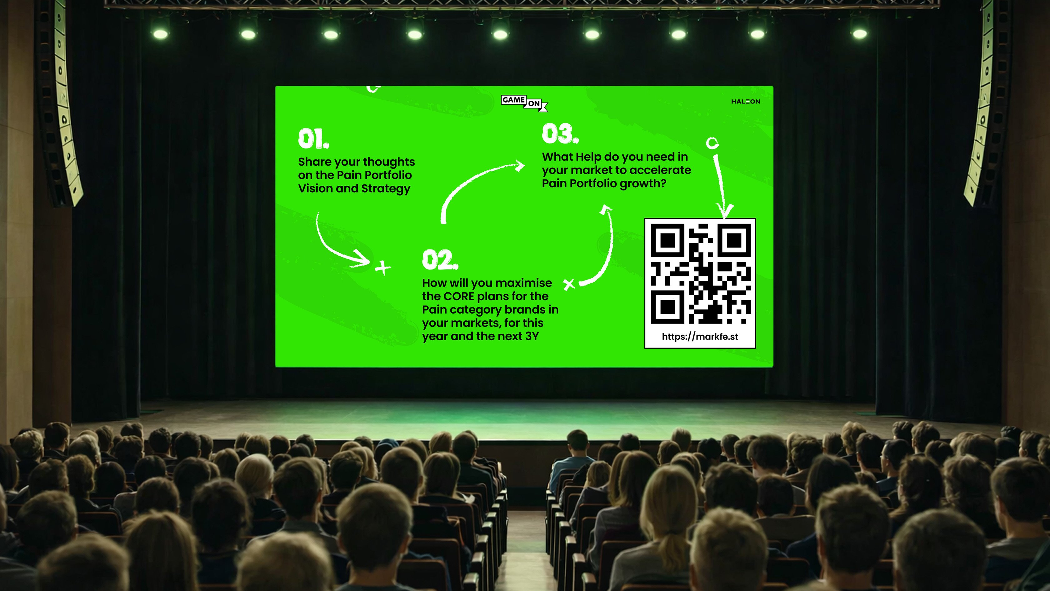 A conference auditorium filled with attendees facing a large lime green 'Game On' presentation slide showing three interactive questions and a QR code.