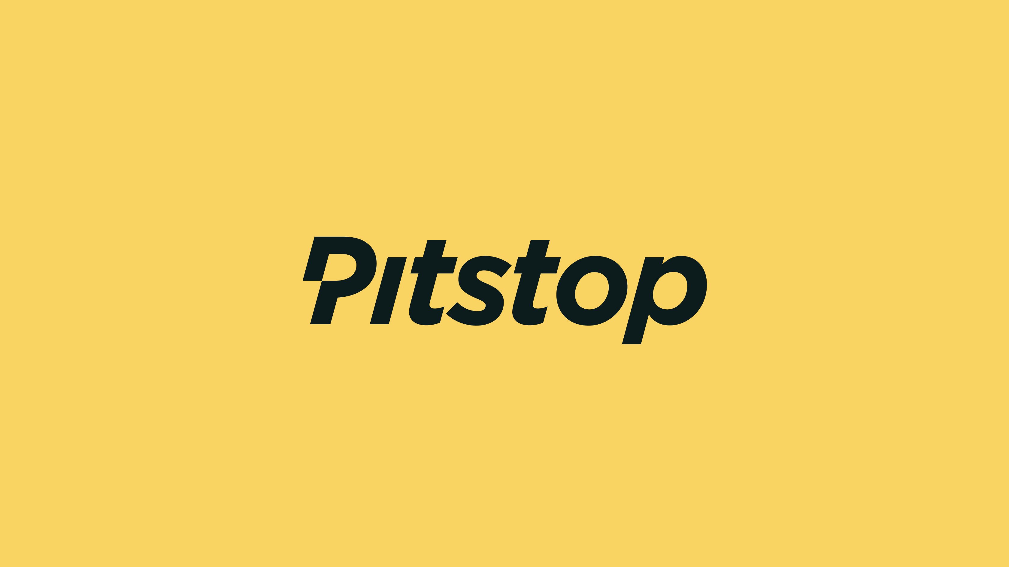 Pitstop wordmark logo in bold, dark green italic type on a yellow background.