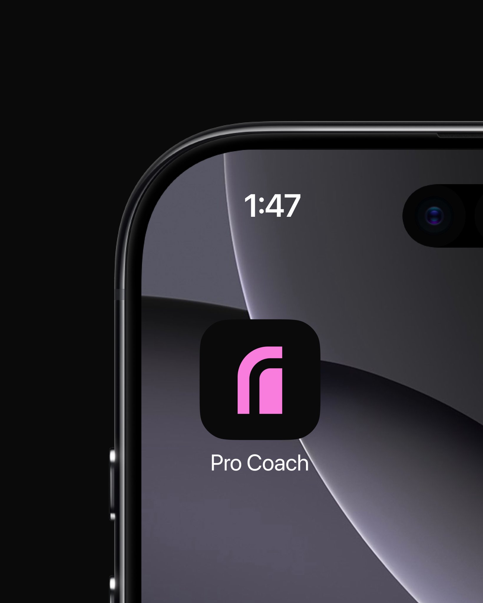 A close-up of a smartphone home screen showing the Pro Coach app icon—a stylised pink logo on a black background.