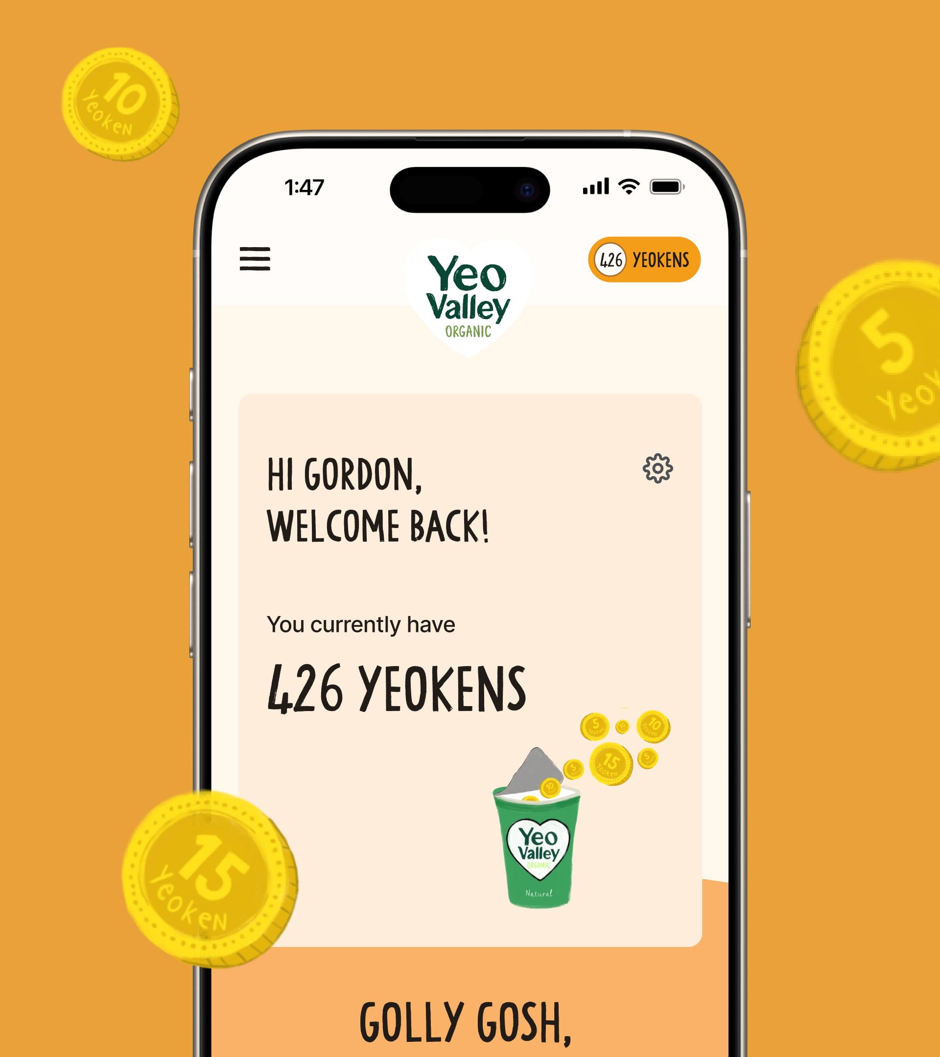 Yeo Valley Yeokens loyalty platform interface on mobile