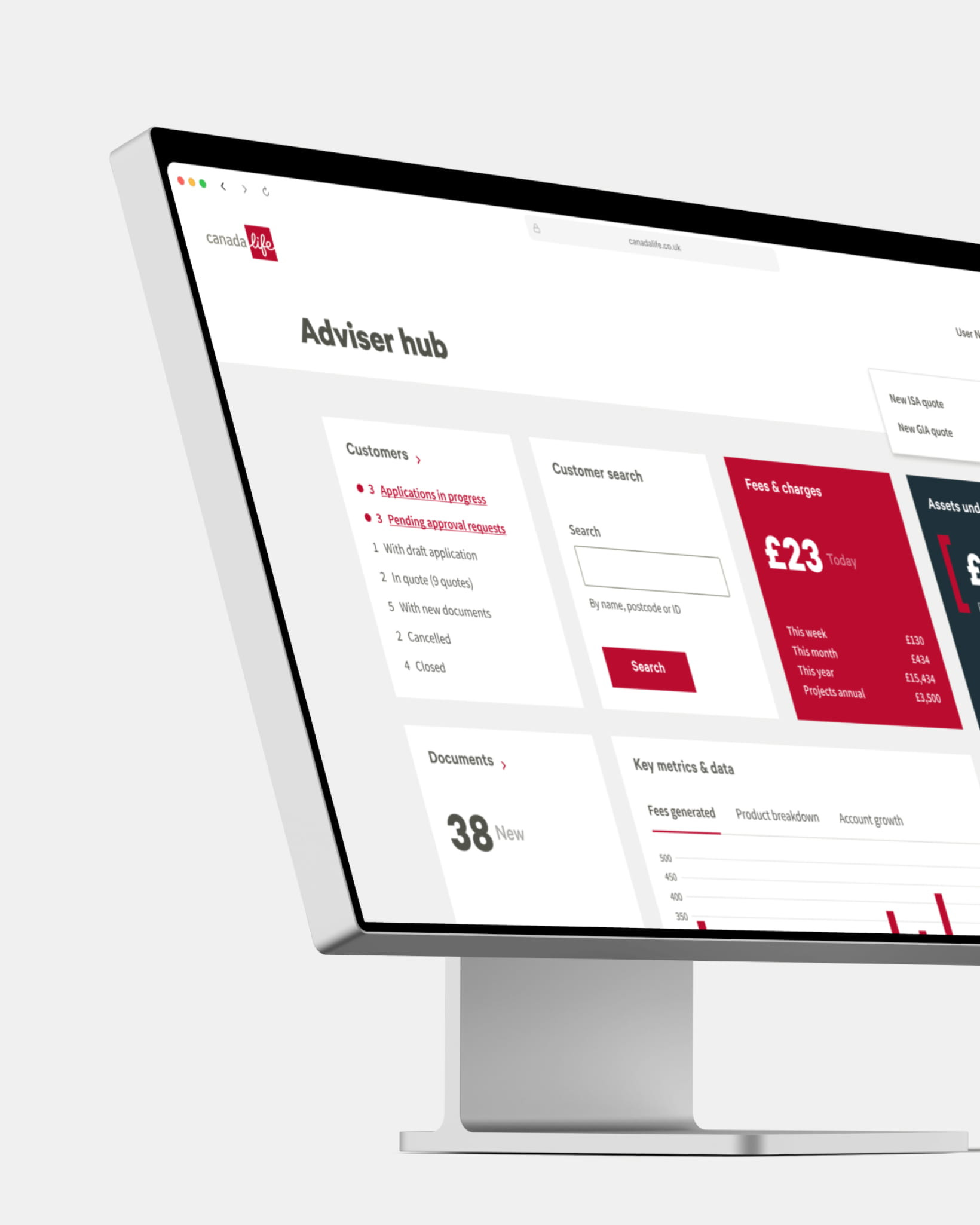 A desktop monitor displaying the Canada Life Adviser Hub dashboard, showing customer applications, search tools, and key metrics on a clean white interface.