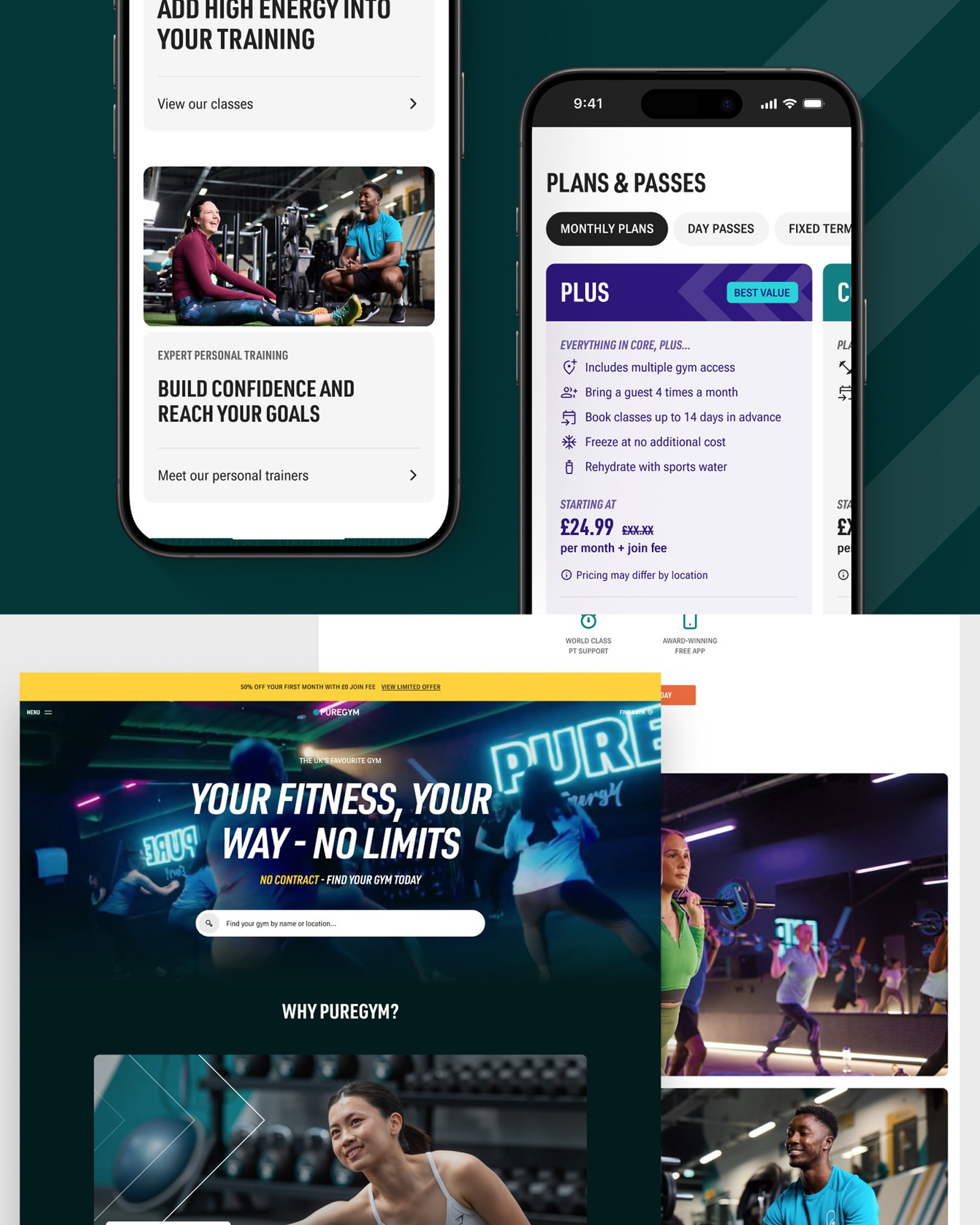 PureGym Birmingham location page and the Our Locations journey on mobile