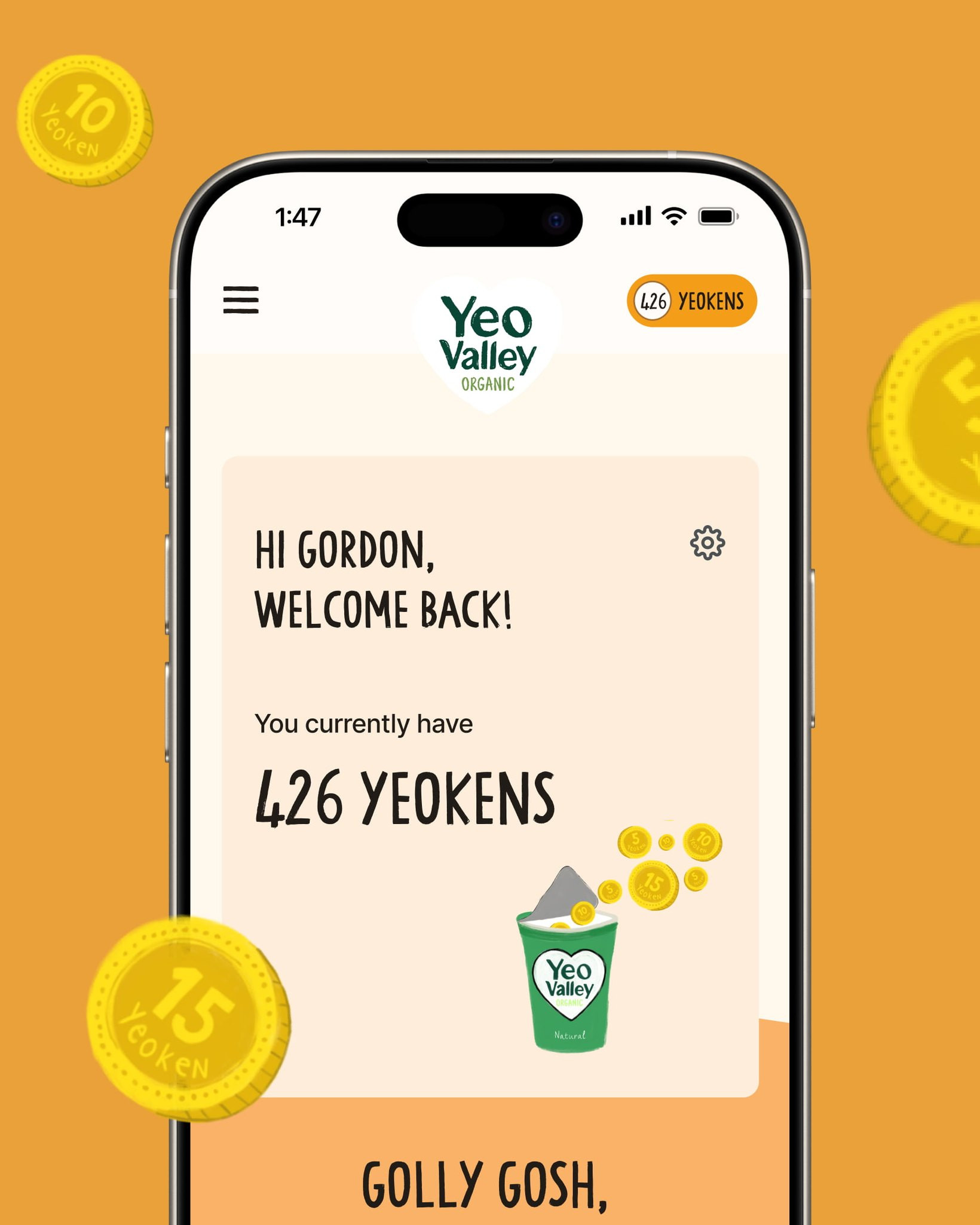 Yeo Valley Yeokens loyalty platform interface on mobile