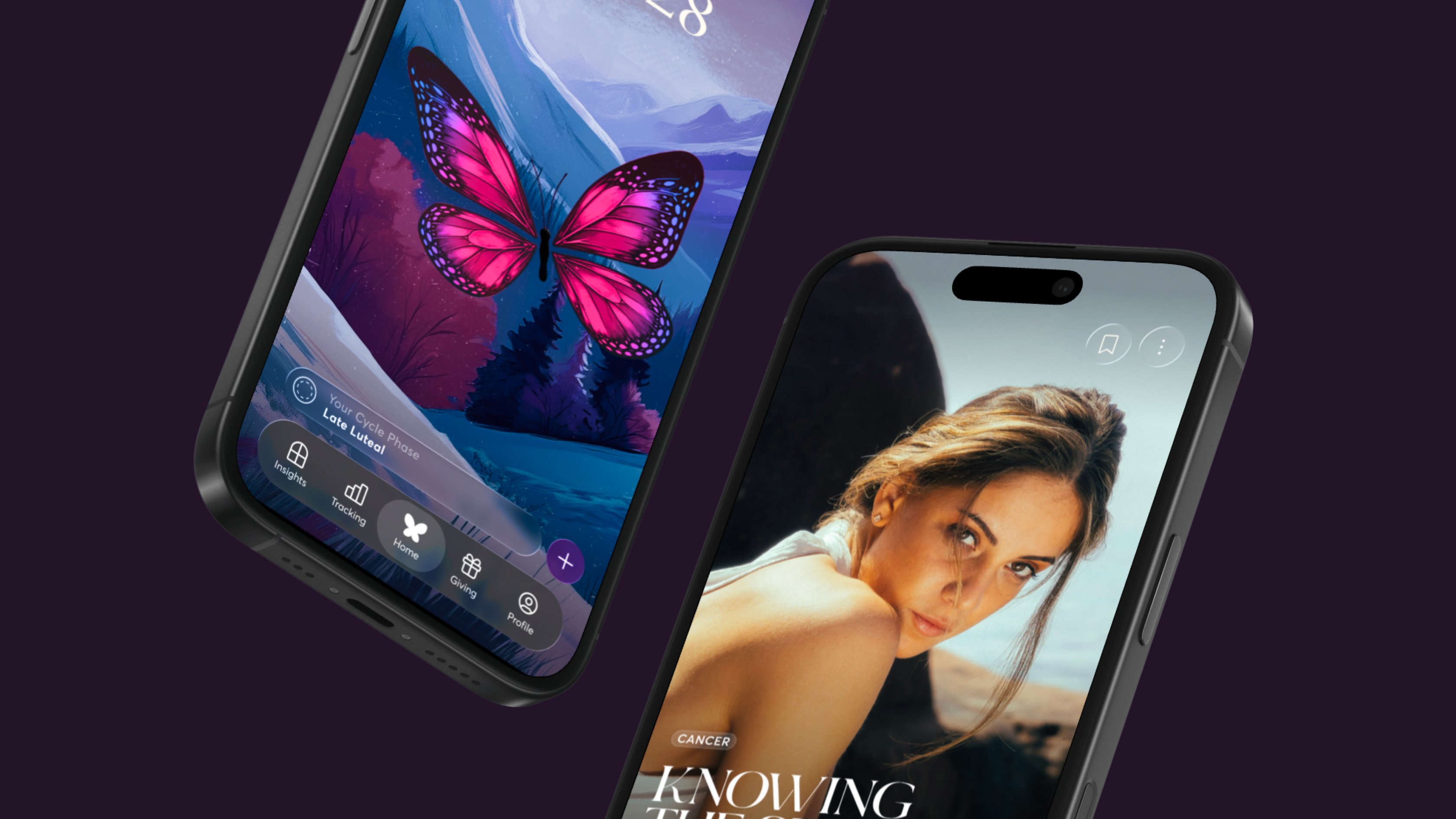 Two iPhones on a dark purple background — one showing a pink butterfly in a mountain landscape for the 'Late Luteal' phase, the other showing a health insight article.