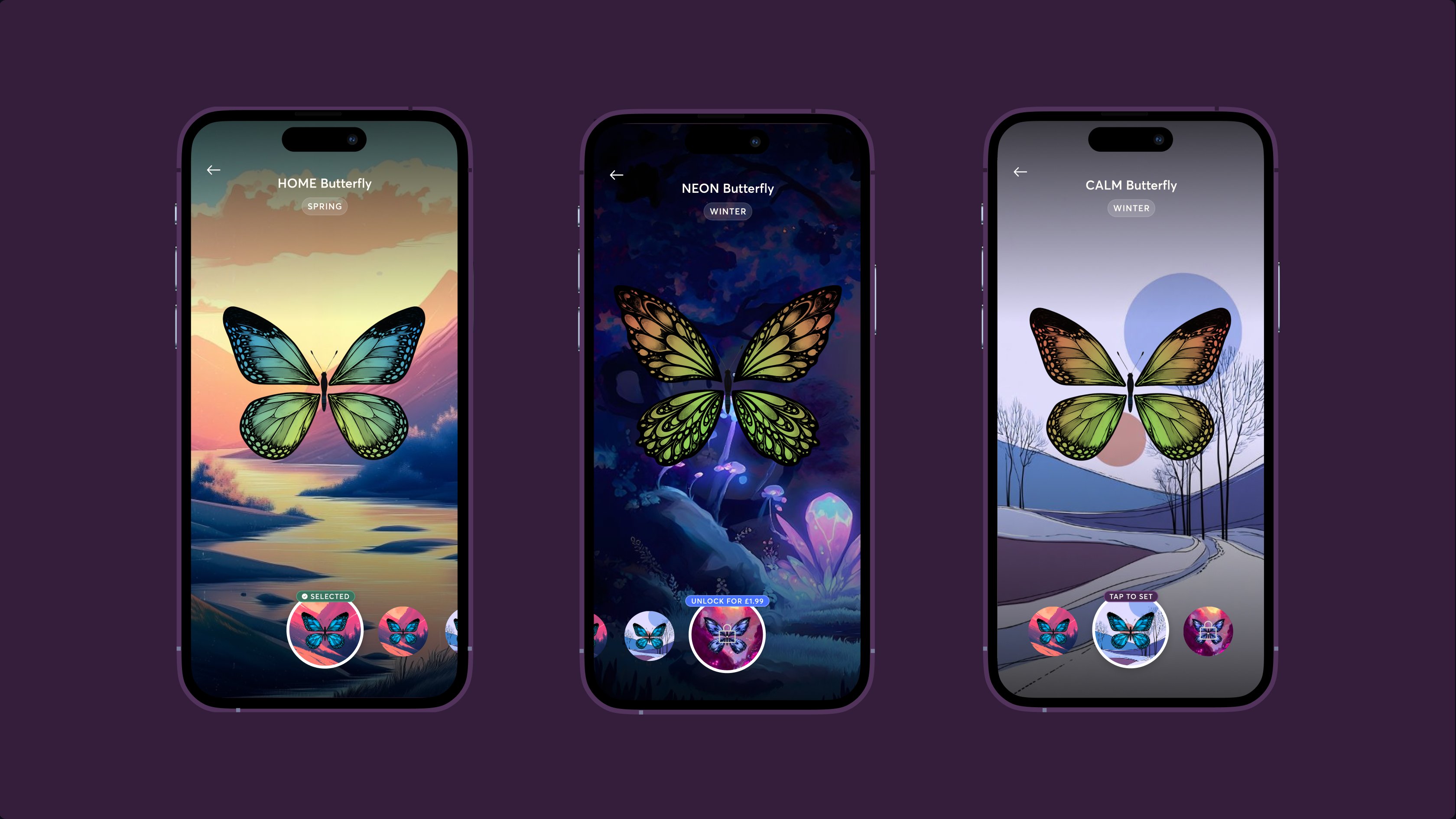 Three iPhones on a dark background showing the butterfly customisation gallery with Home, Neon, and Calm butterfly variants across seasonal landscapes.