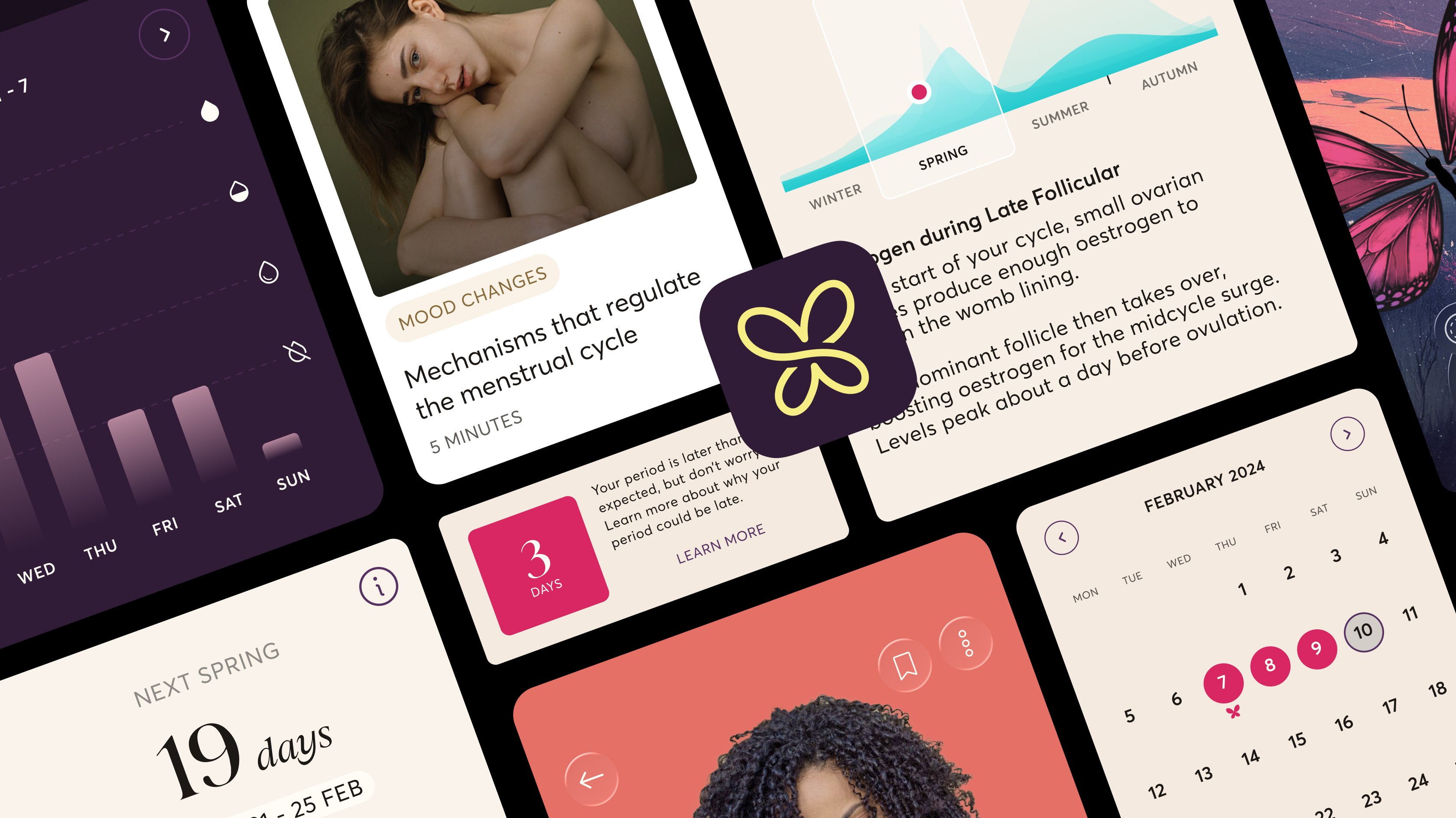 Tilted grid of 28X content cards including health insight articles on cycle mechanisms and oestrogen, mood tracking, and the 28X butterfly logo.