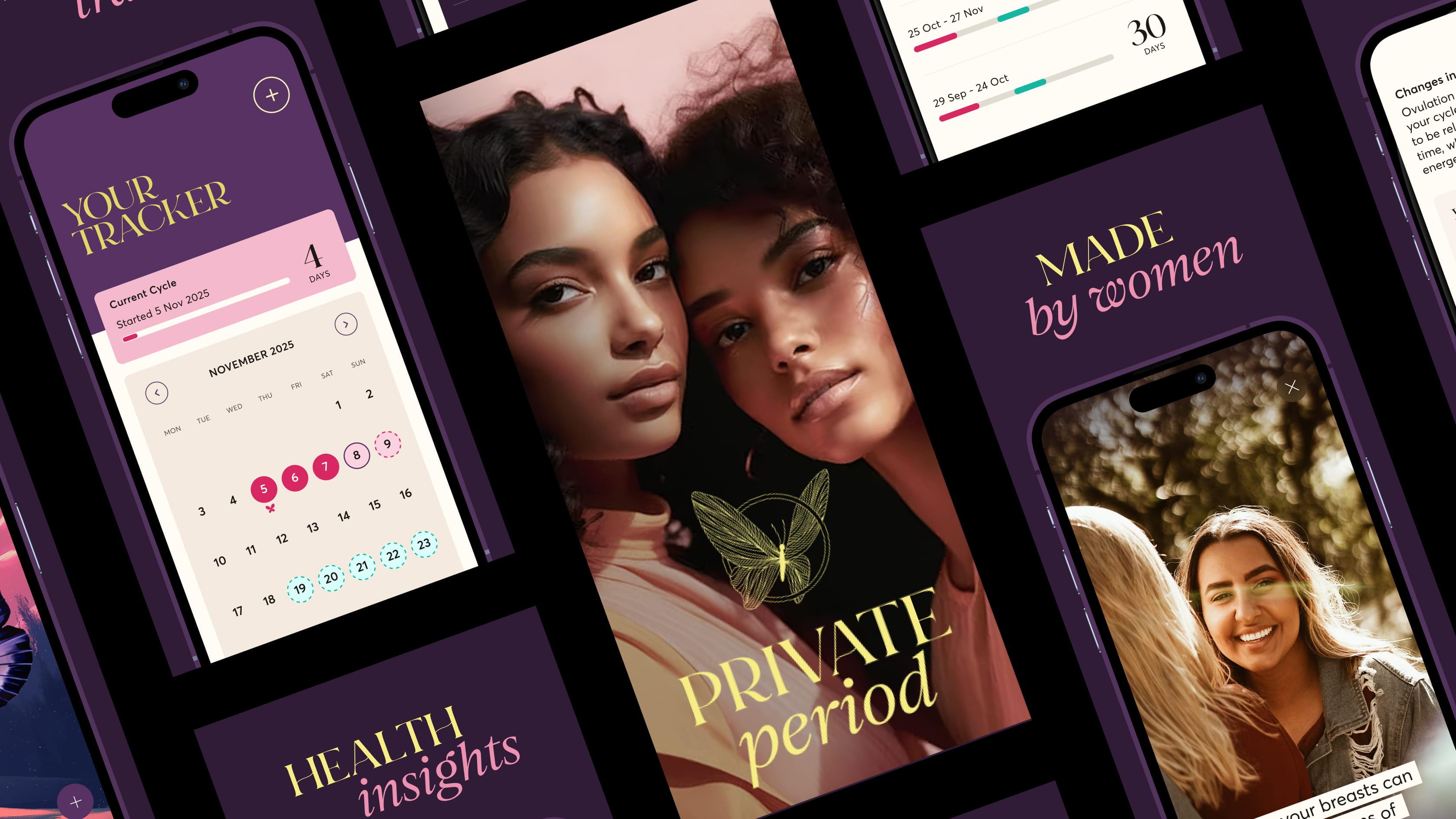 Composition of 28X app screens showing the cycle tracker, 'Private period' editorial portraits, and 'Made by women' branding.