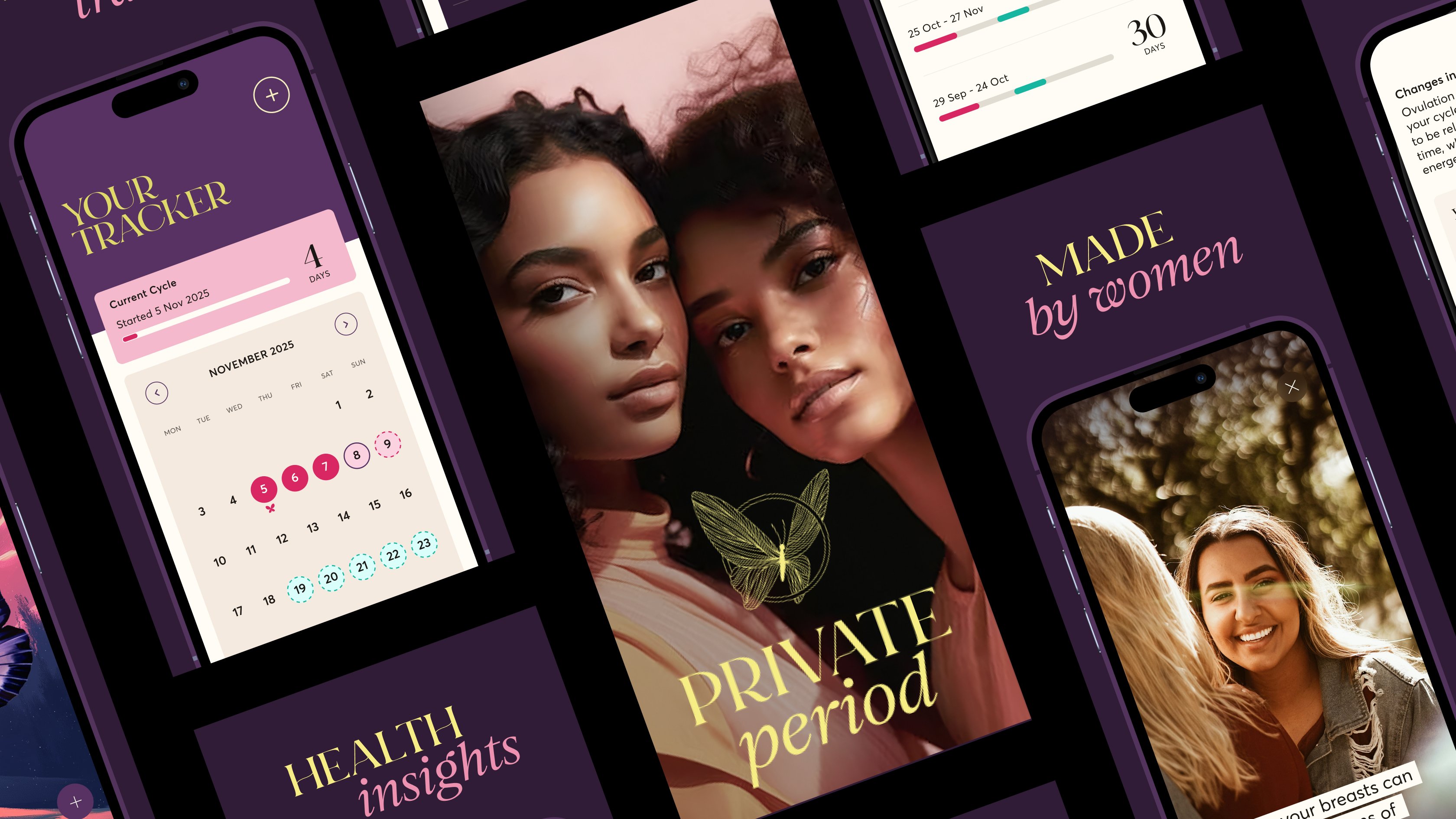 Composition of 28X app screens showing the cycle tracker, 'Private period' editorial portraits, and 'Made by women' branding.