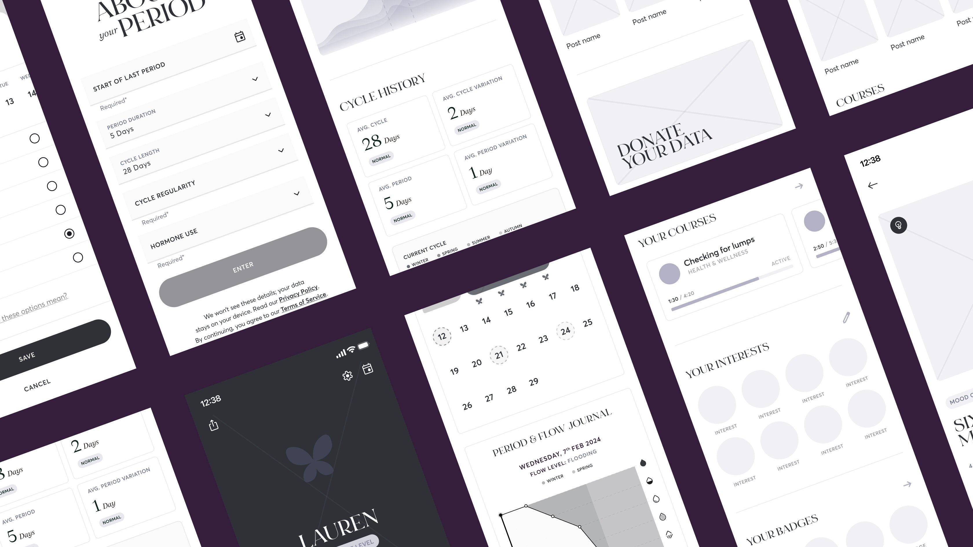 Tilted grid of 28X app wireframes showing setup forms, cycle history, journal entries, and a 'Donate your data' screen.