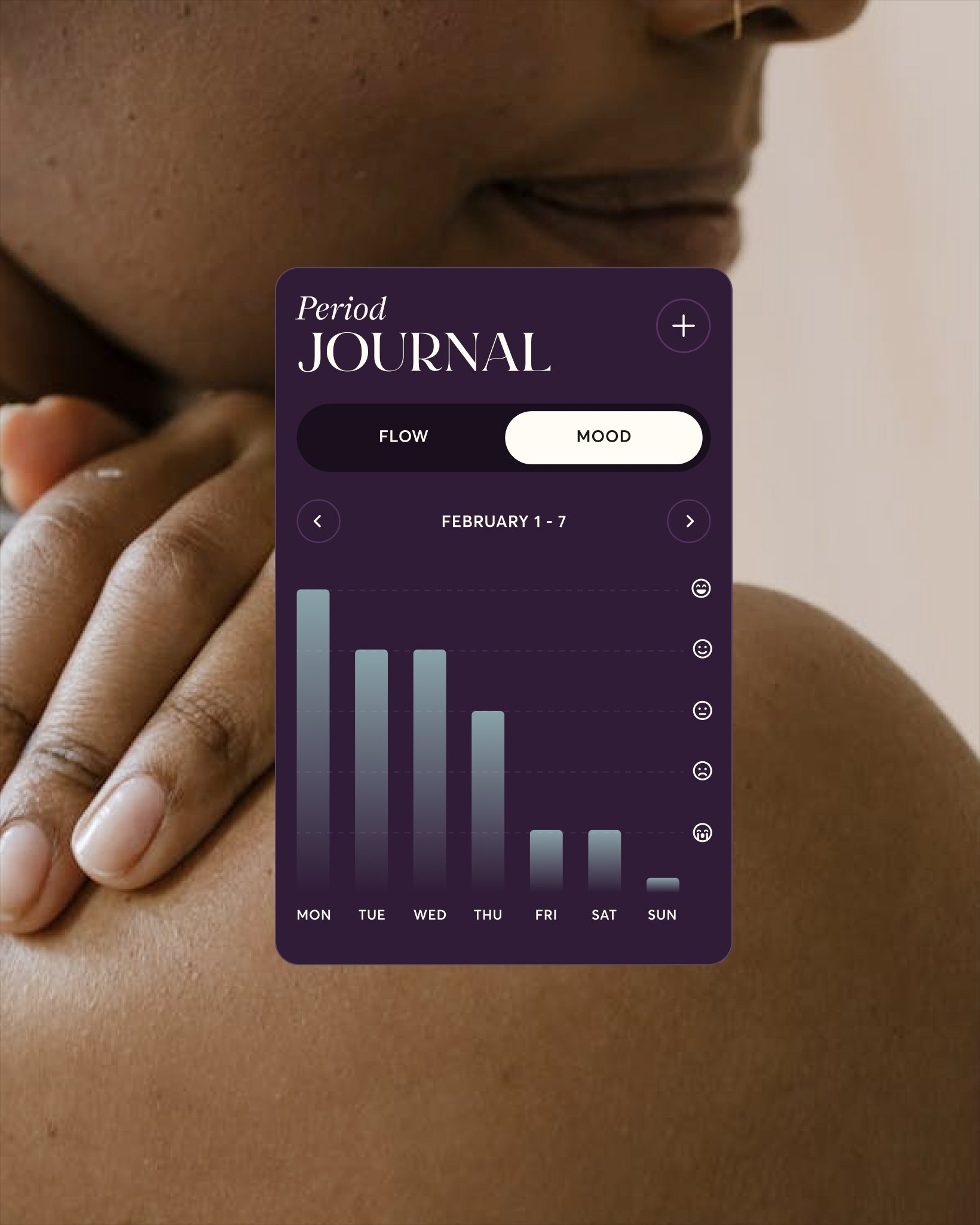 Close-up of a woman's neck and shoulder with the 28X 'Period Journal' mood tracker overlaid, showing a weekly bar chart of moods.