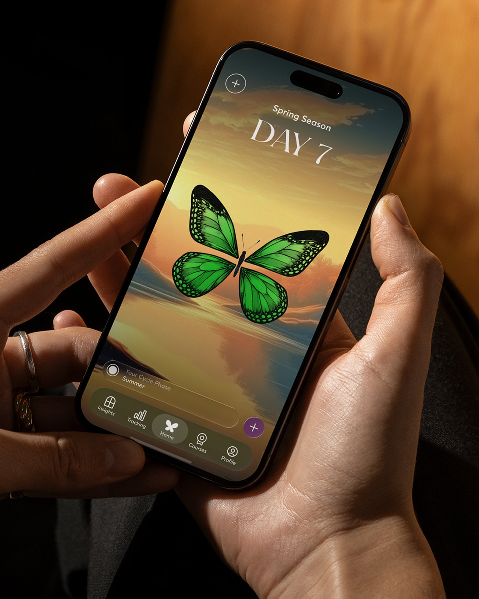 Close-up of the 28X app held vertically, showing a green butterfly over a sunset landscape on the Day 7 home screen.