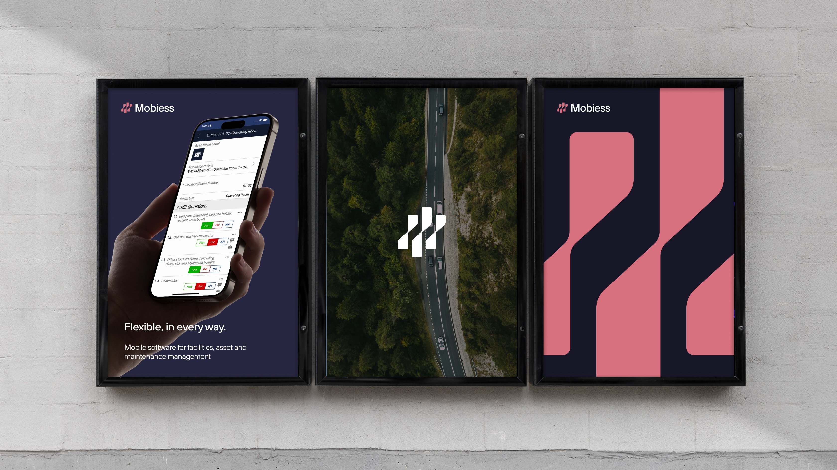 Three adjacent posters showing the Mobieiss brand: a hand using the Mobieiss mobile audit app, an aerial road-with-forest scene with the logo, and a graphic pattern in pink and navy.