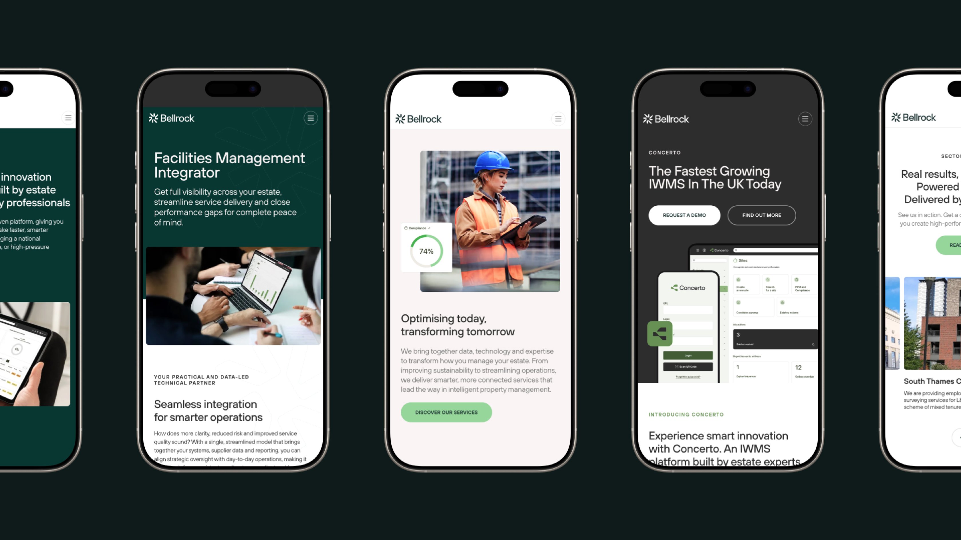 Four smartphone mockups displaying different pages from the Bellrock website, showcasing services such as facilities management integration, data-led optimisation, and the Concerto IWMS platform.