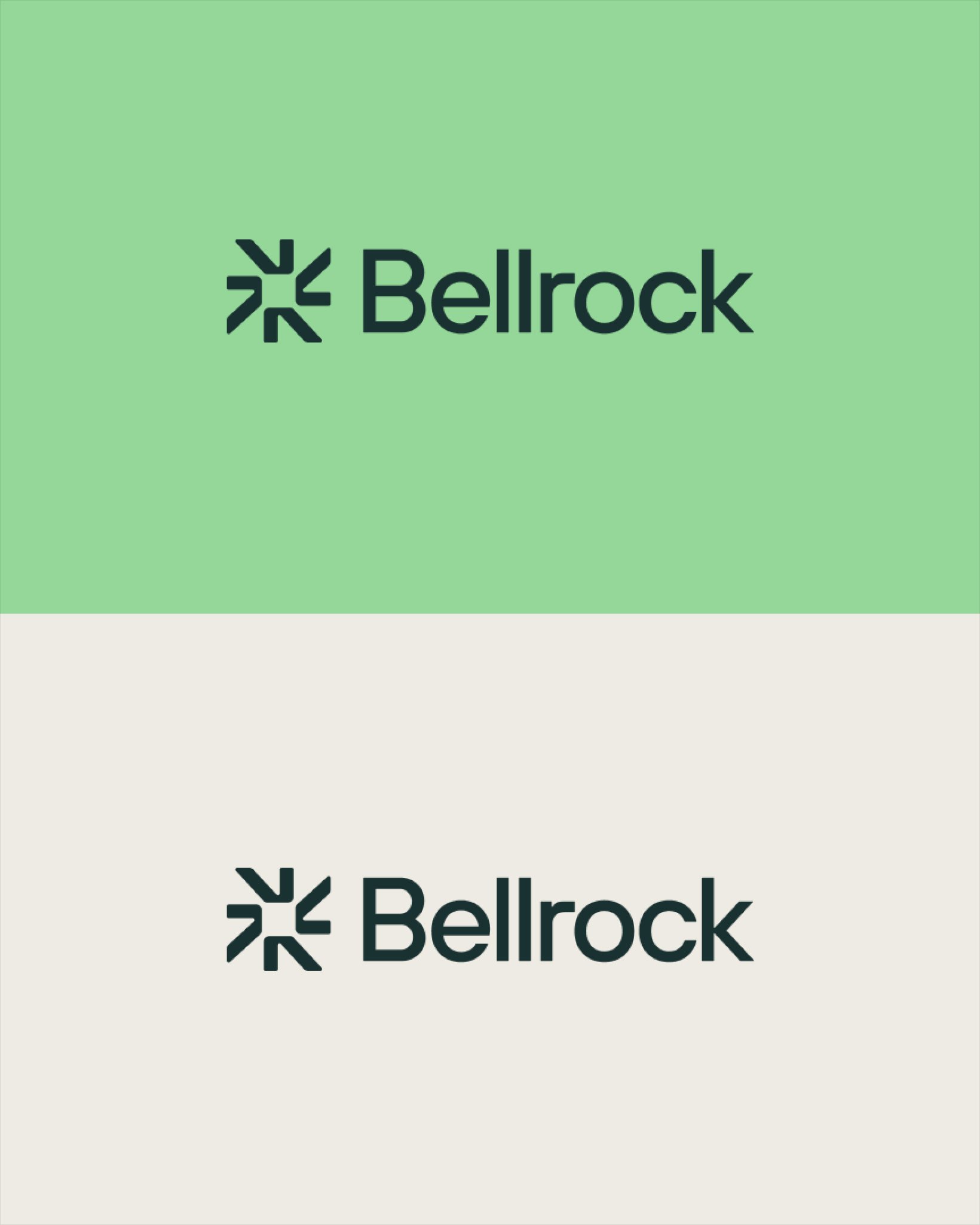 Two versions of the Bellrock logo shown on green and off-white backgrounds, featuring the geometric star-like symbol and the Bellrock wordmark.