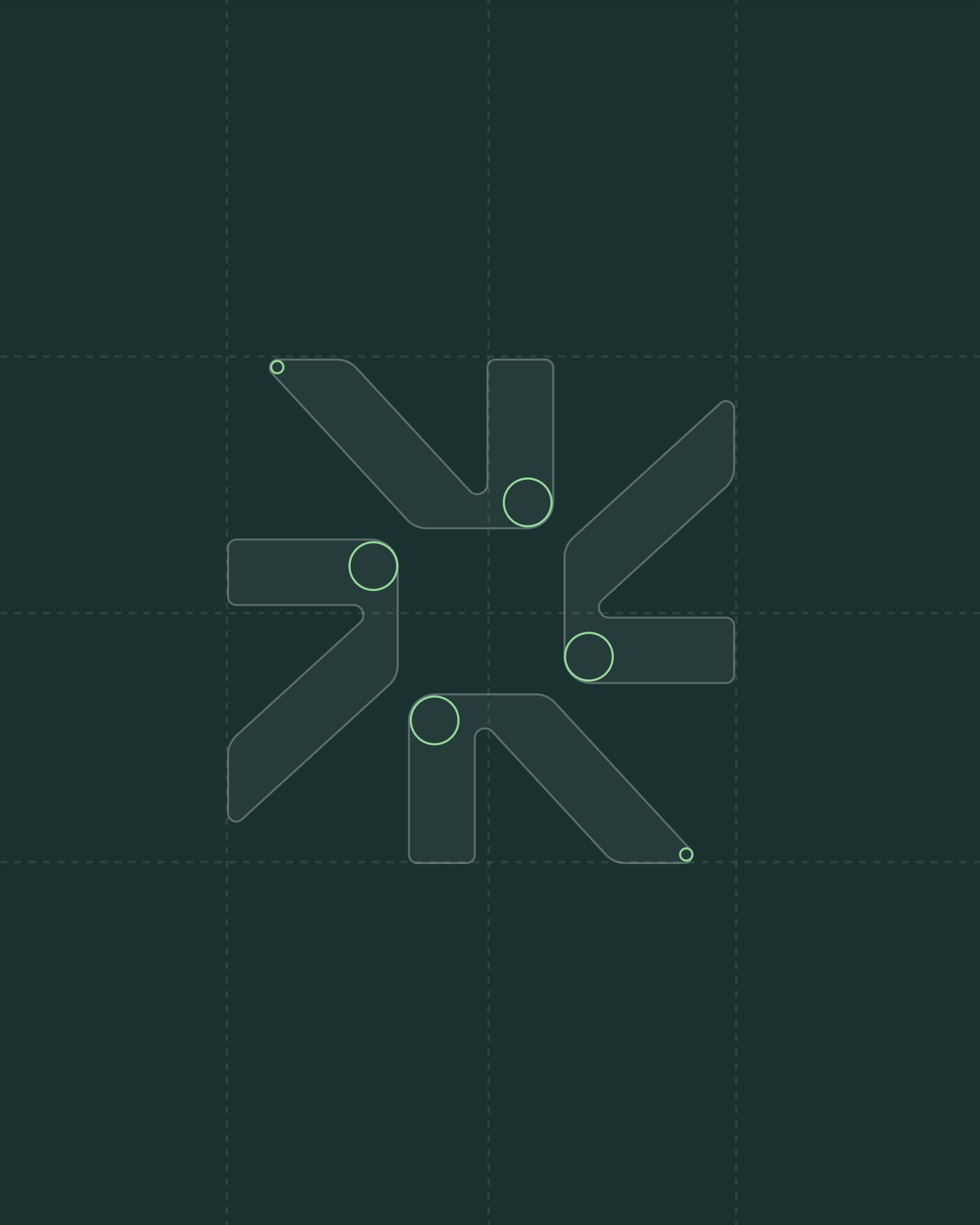 A geometric outline of the Bellrock symbol shown with grid lines and alignment markers on a dark green background.