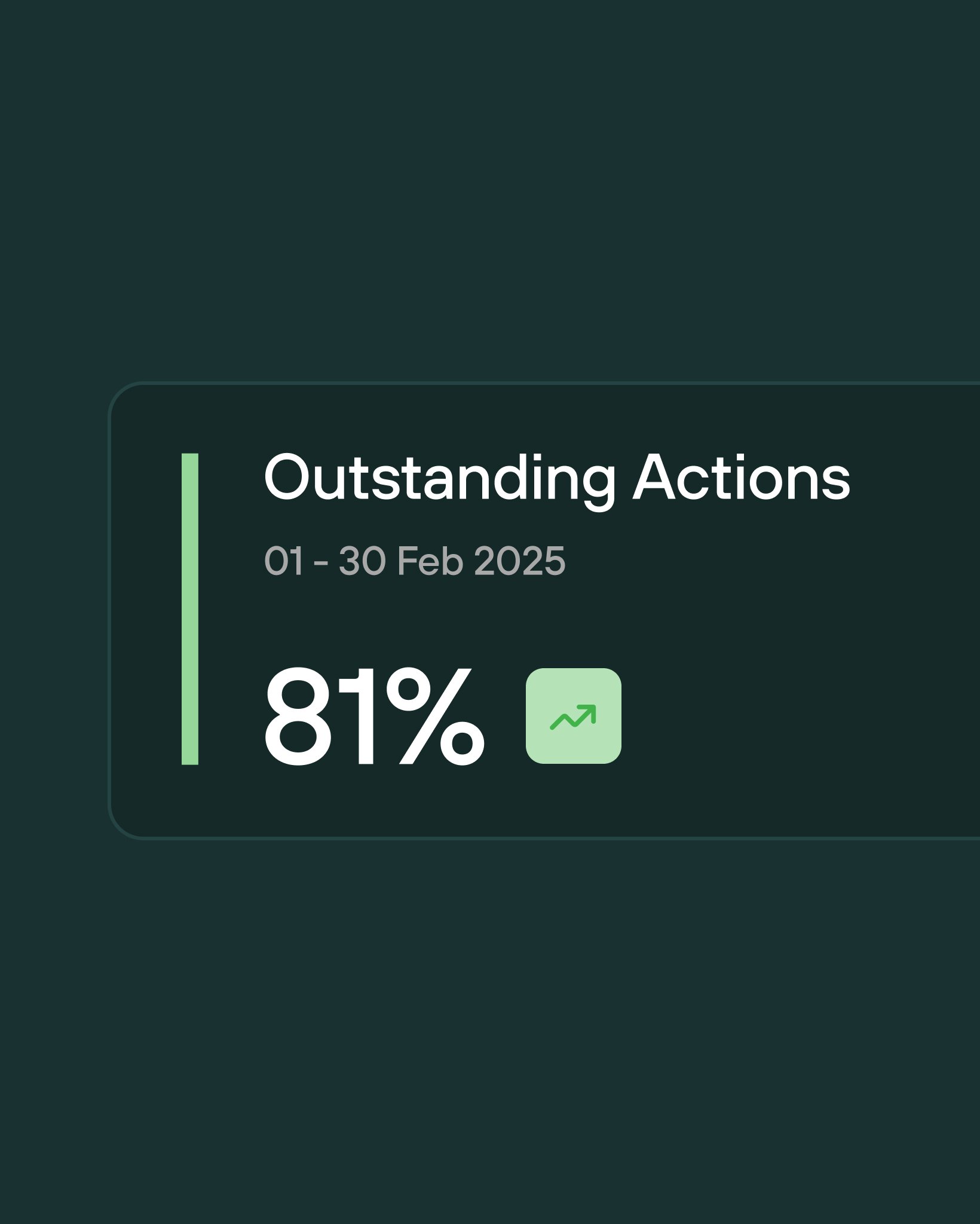 A UI-style panel displaying the text “Outstanding Actions, 01–30 Feb 2025” with an 81% statistic and an upward trend icon.