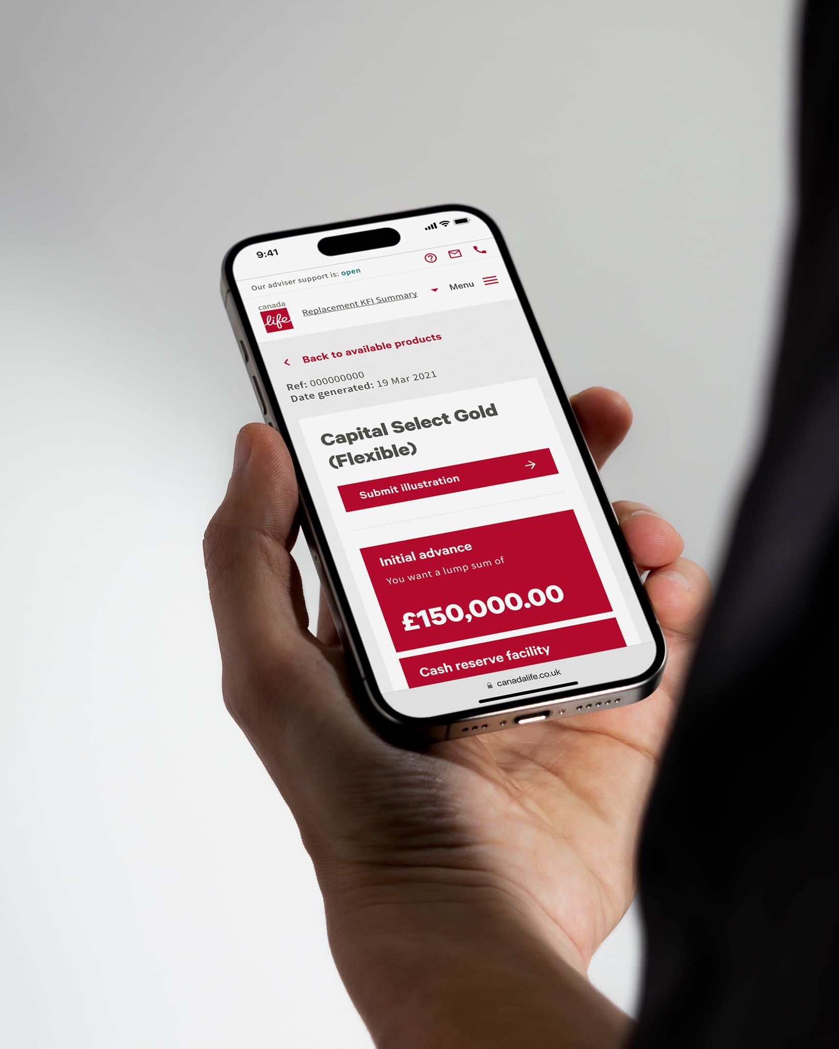 A person holding a smartphone showing a Canada Life product screen with details of a Capital Select Gold (Flexible) loan and a £150,000 initial advance.