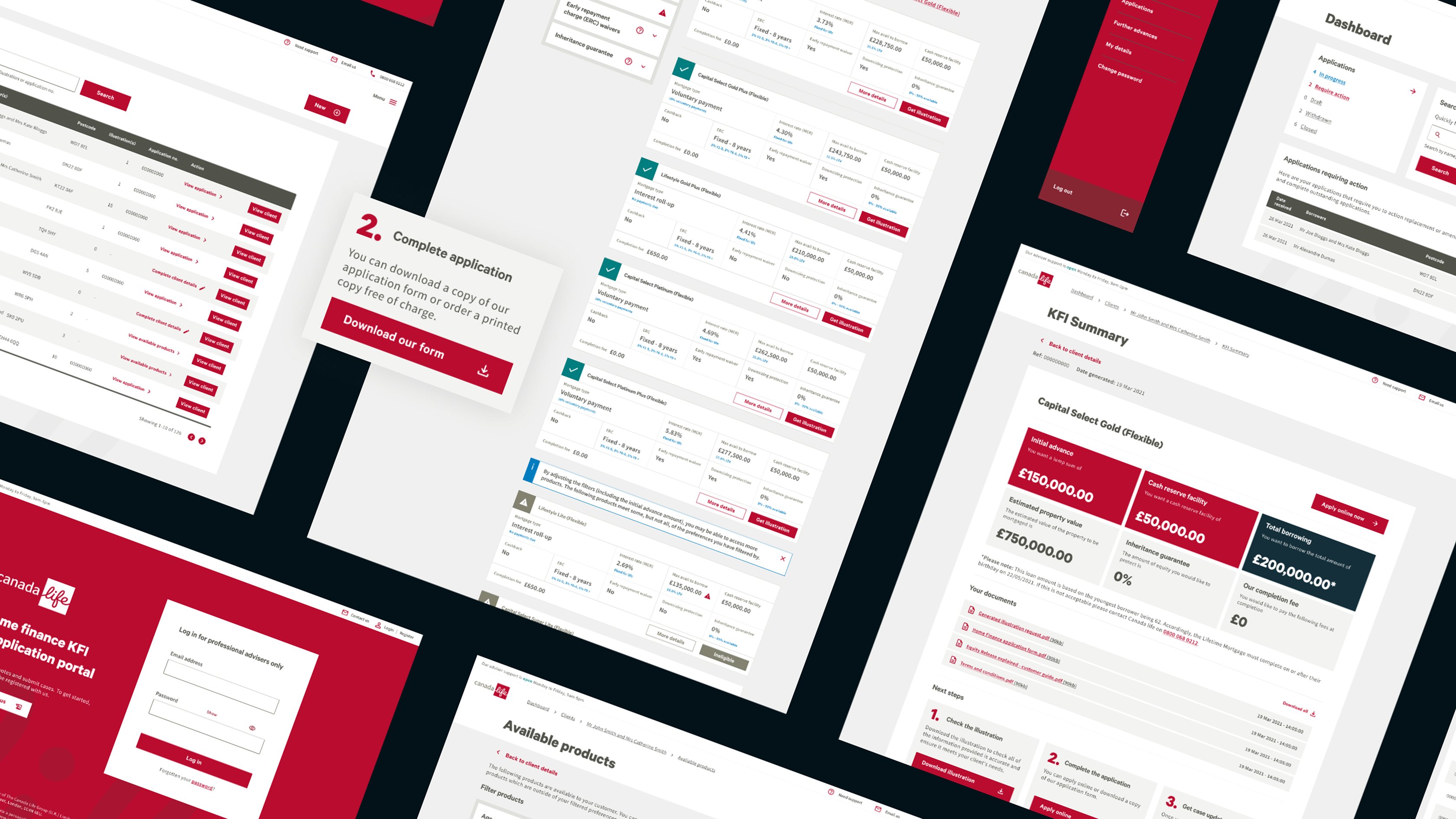 A collage of Canada Life portal interface screens, including dashboards, product listings, application details, and document download prompts.