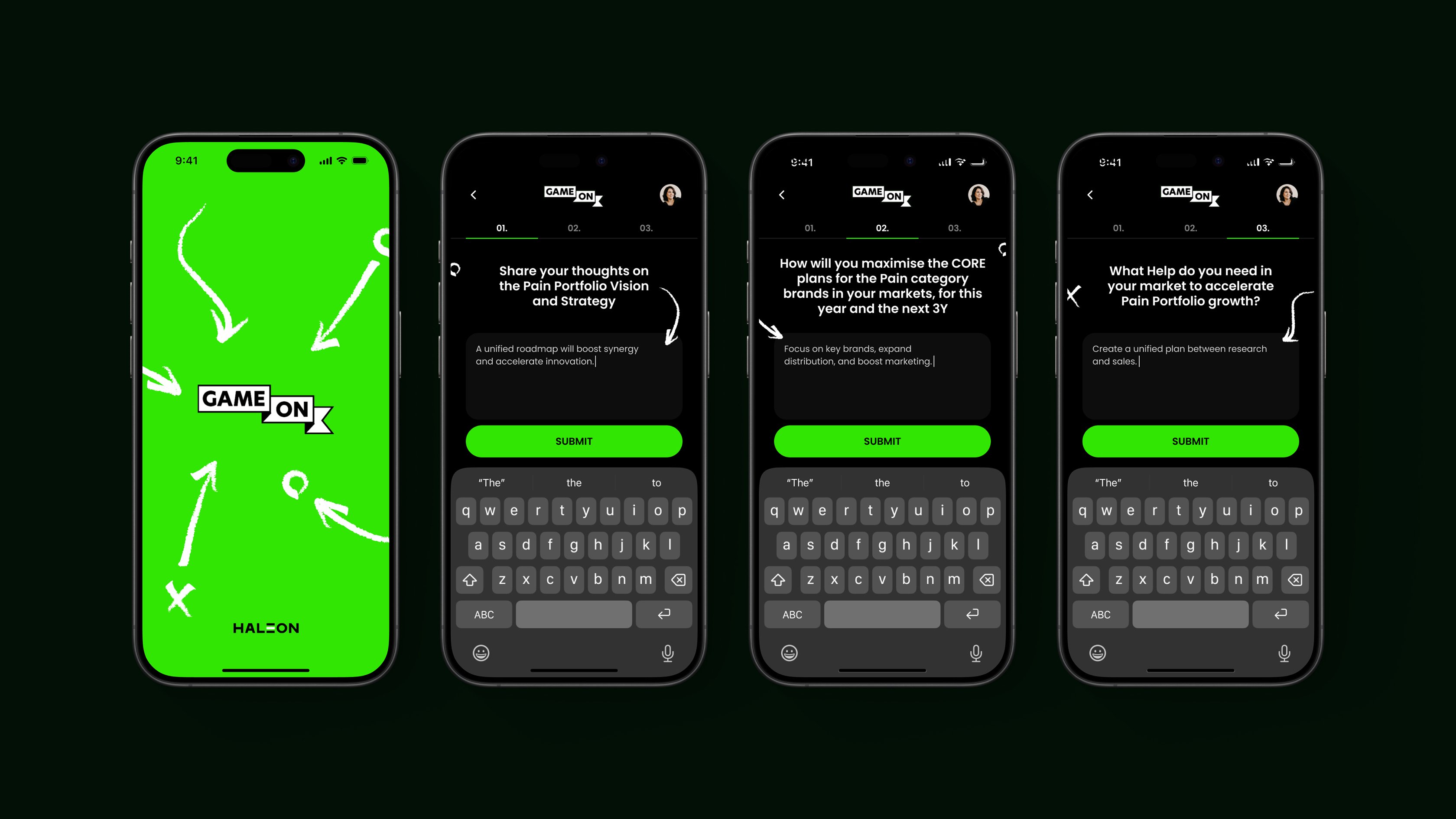 A large auditorium screen displaying a dark-themed Game On playbook with interconnected strategic points and arrows, with the full conference audience visible in the foreground.