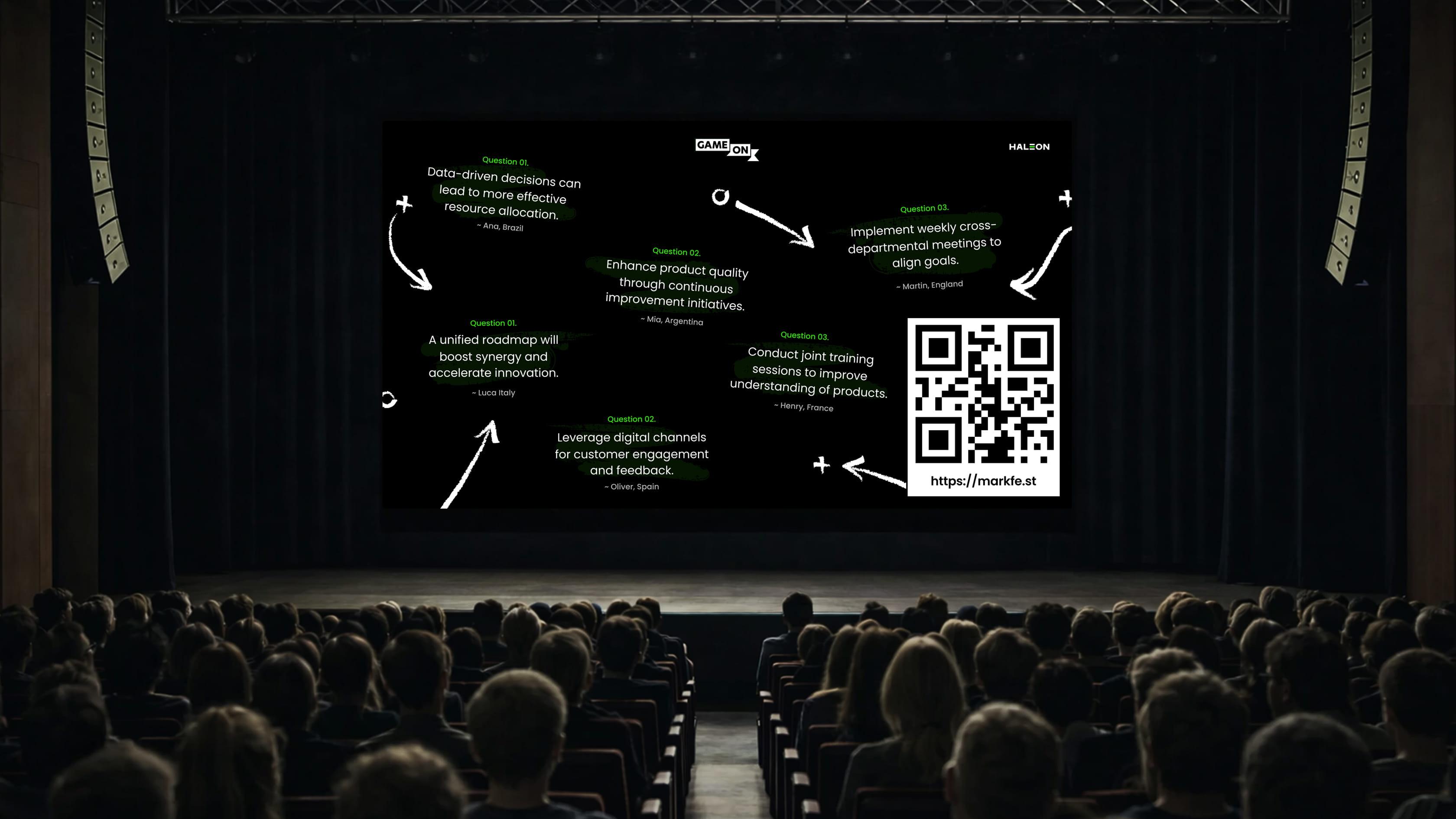 Four smartphones arranged on a dark background showing the Game On app — the home screen on the left and three interactive question screens with green submit buttons to the right.