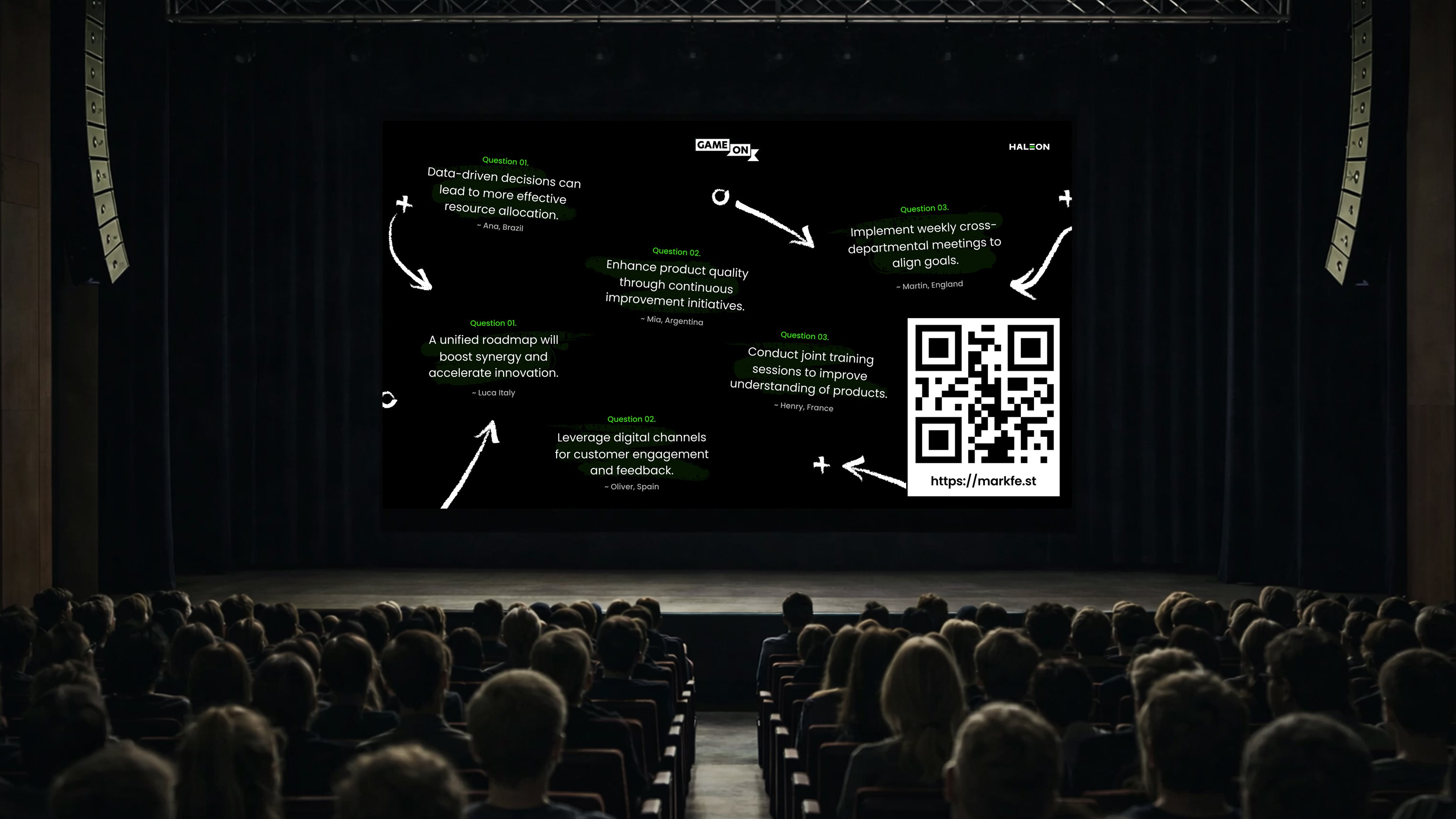 Four smartphones arranged on a dark background showing the Game On app — the home screen on the left and three interactive question screens with green submit buttons to the right.