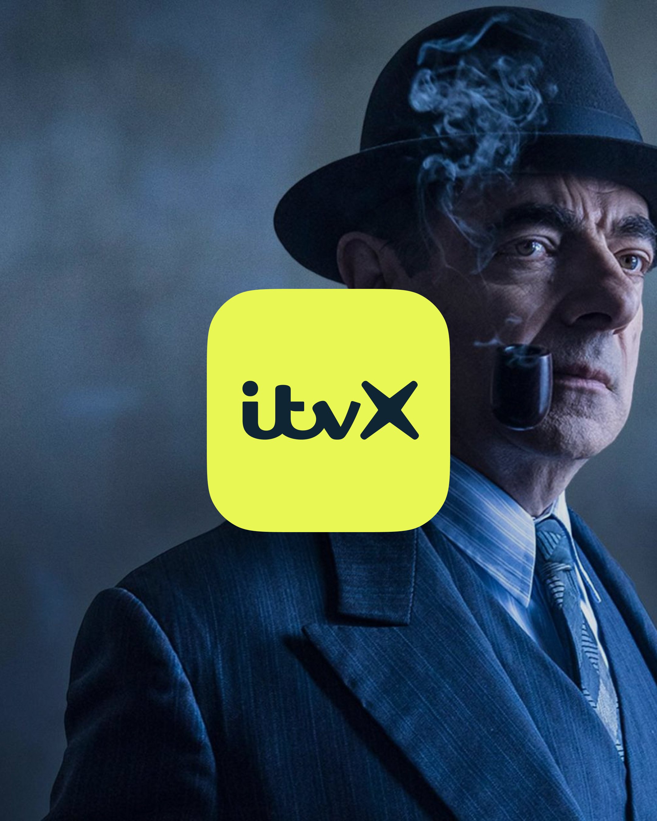 A dramatic scene featuring a man in a dark suit and hat smoking a pipe, with the bright yellow ITVX logo centered over the image.