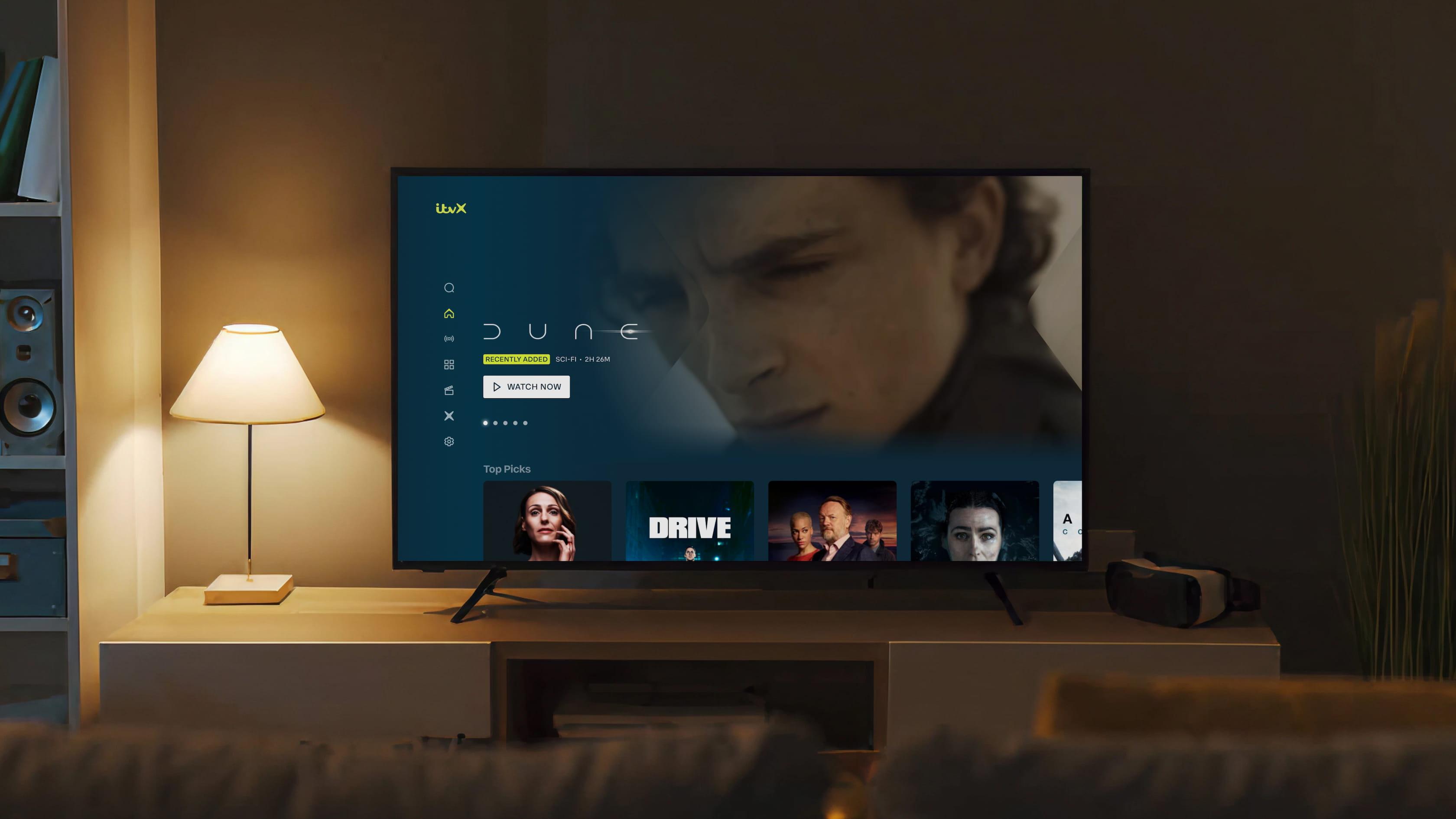 Living-room TV UI showing “Dune” on ITVX