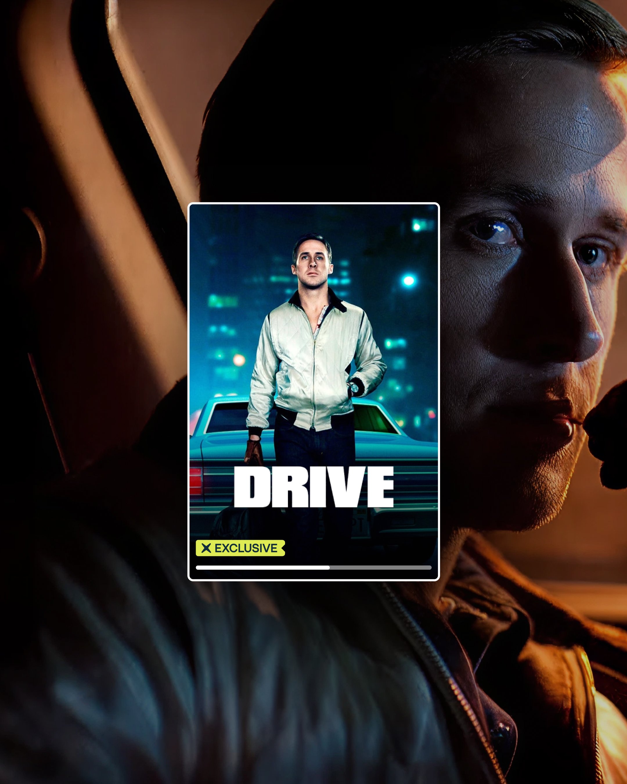 “DRIVE” promo card overlaid on Ryan Gosling