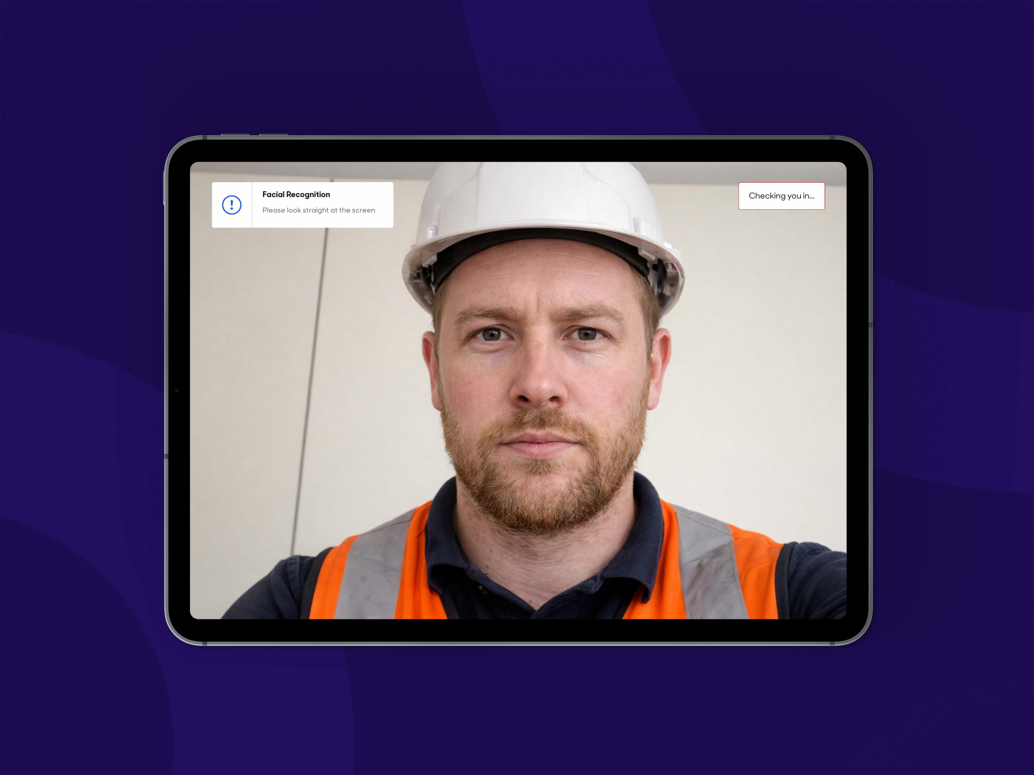 A worker enrolling in the One.site facial recognition system for the first time via a site tablet.