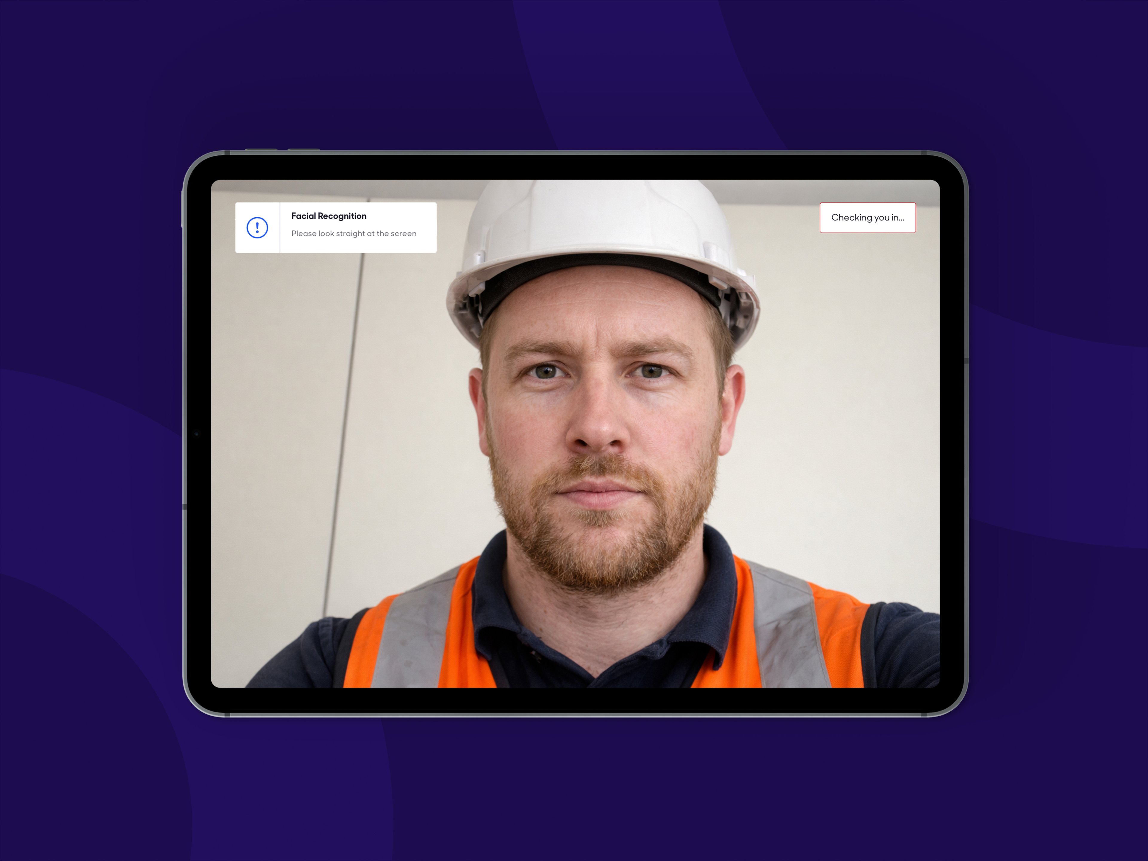 A worker enrolling in the One.site facial recognition system for the first time via a site tablet.