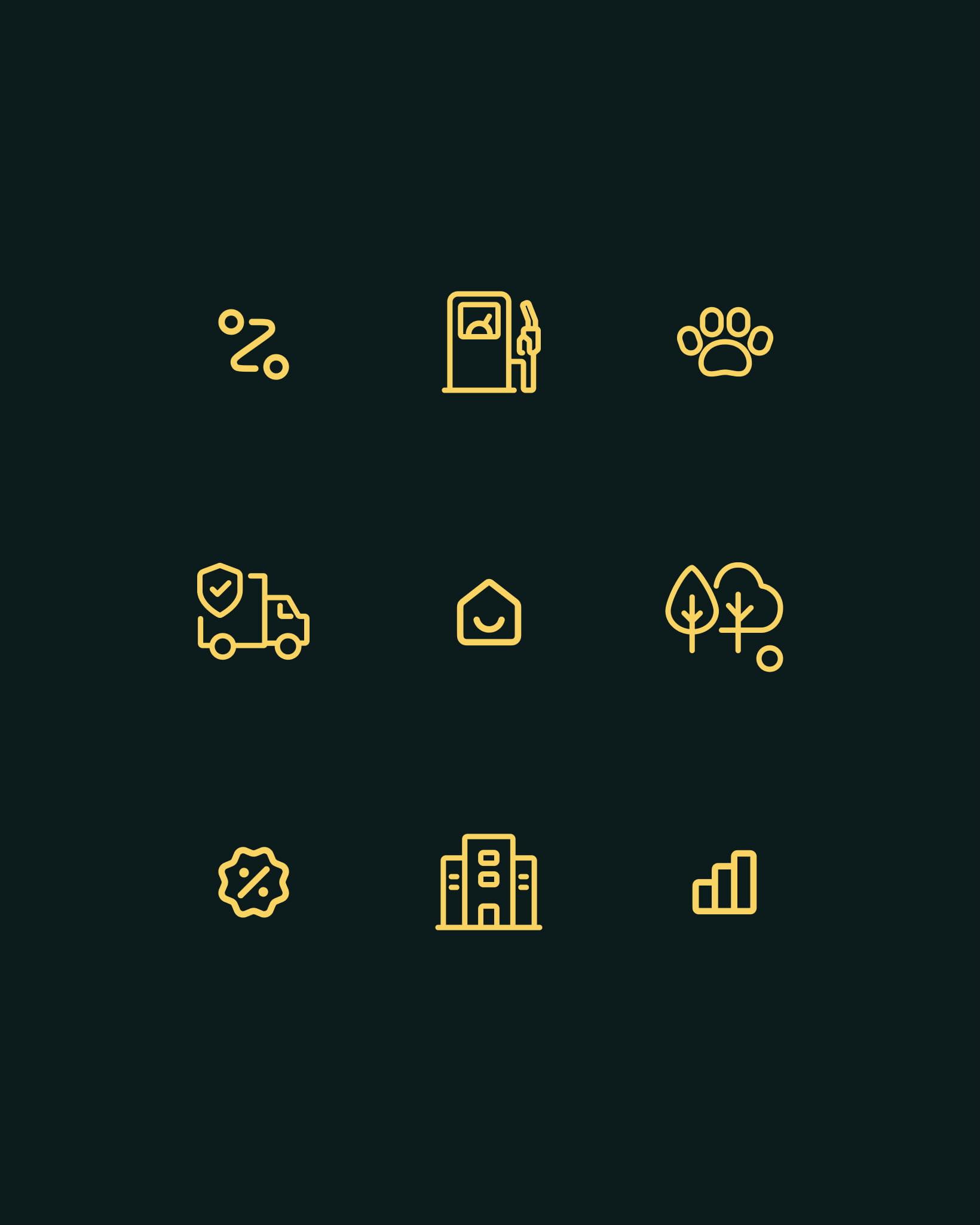 Set of yellow line-style icons on a dark green background, representing discounts, fuel, pet areas, delivery, home, green spaces, badges, buildings and signal levels.