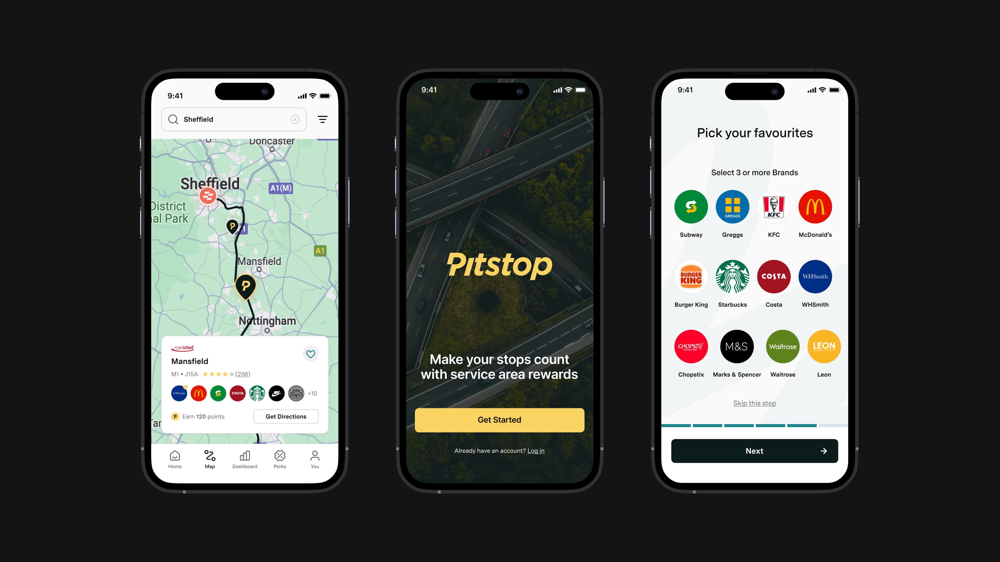 Three smartphones showing Pitstop app screens: a route map to Mansfield, a welcome screen over a motorway interchange, and a brand-selection screen with icons for major retailers.